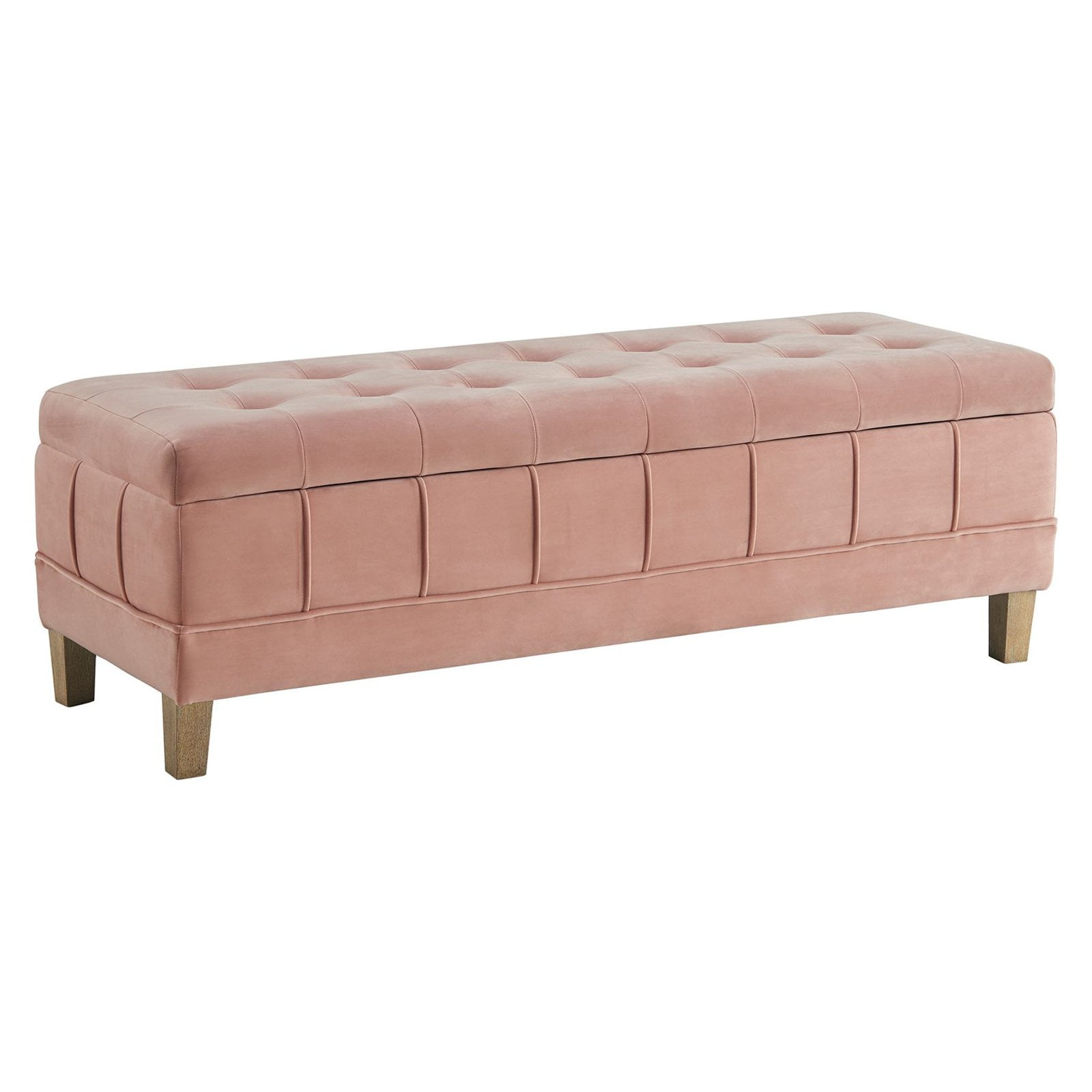Blush Velvet Tufted Storage Bench with Rubberwood Legs