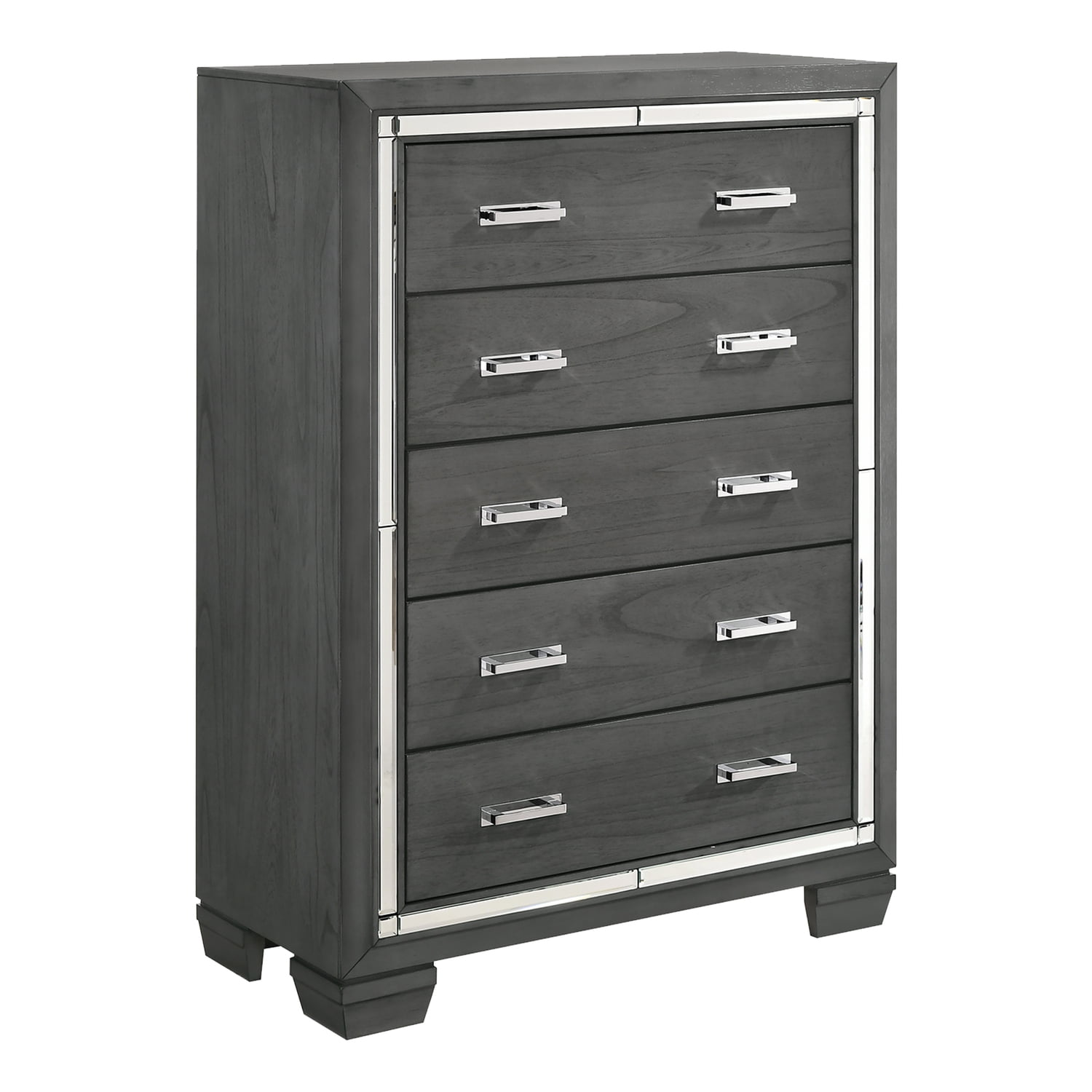 Kenzie Gray Mirrored 5-Drawer Chest with Felt Lined Drawer