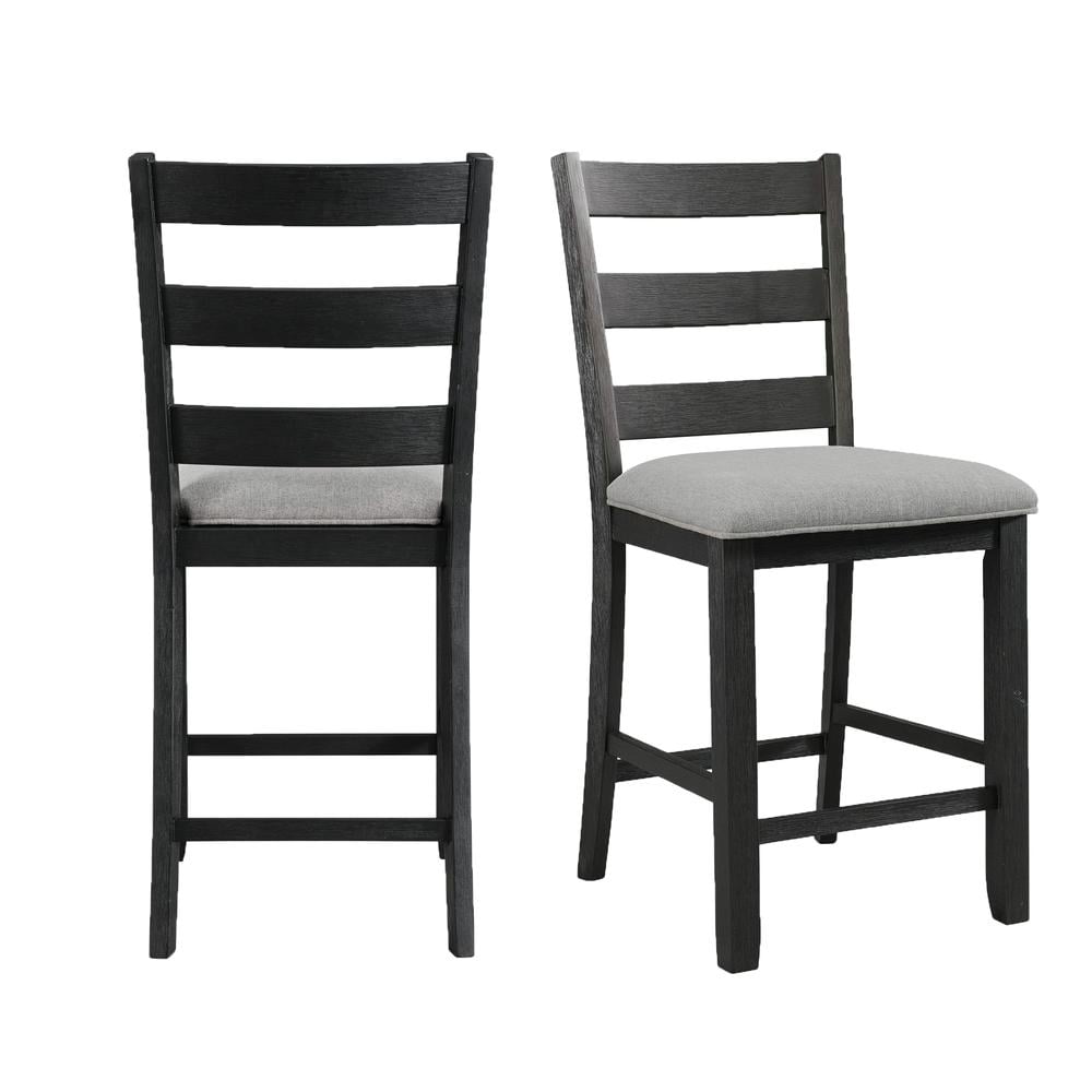 Ladderback Black Wood Side Chair with Grey Upholstered Seat