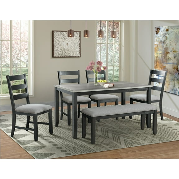 Picket House Furnishings Kona Gray 6PC Dining Set-Table, Four Chairs & Bench