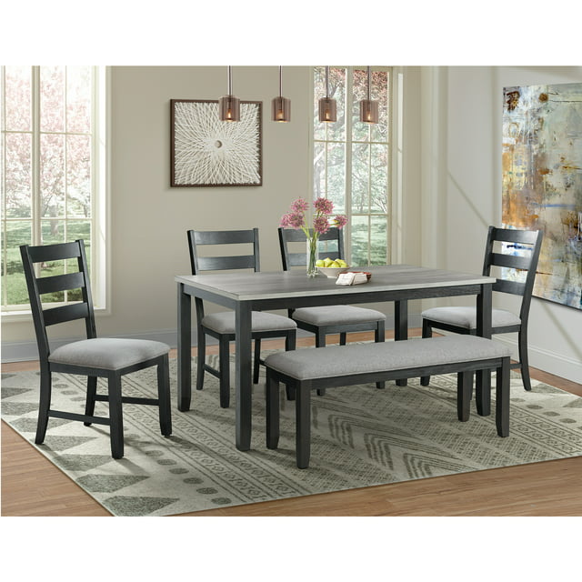 Picket House Furnishings Kona Gray 6PC Dining Set-Table, Four Chairs & Bench