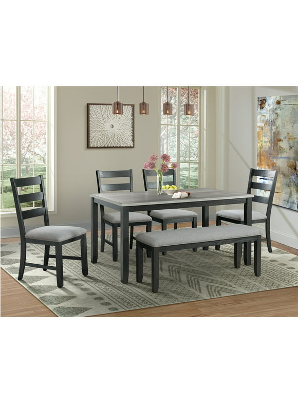 Picket House Furnishings Kona Gray 6PC Dining Set-Table, Four Chairs & Bench