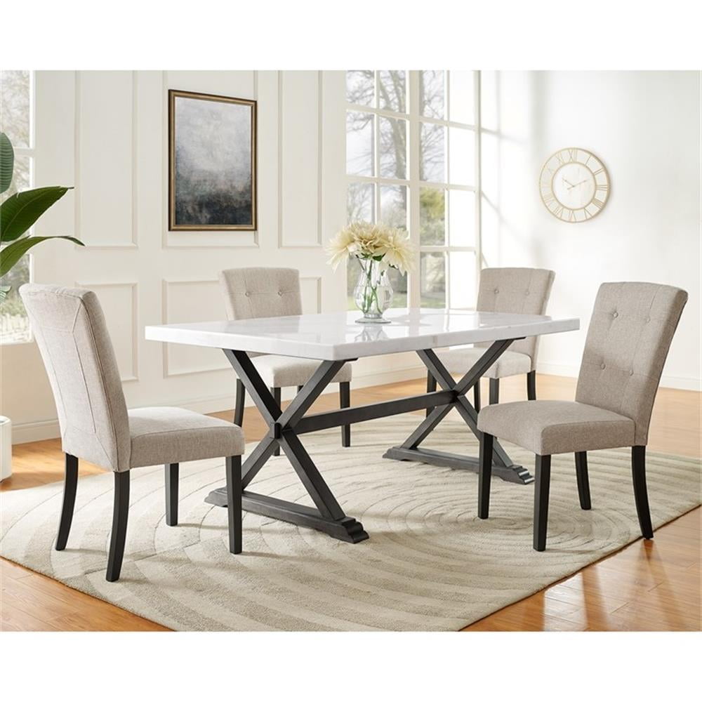 Landon 5-Piece White Marble Top Dining Set with Linen Chairs