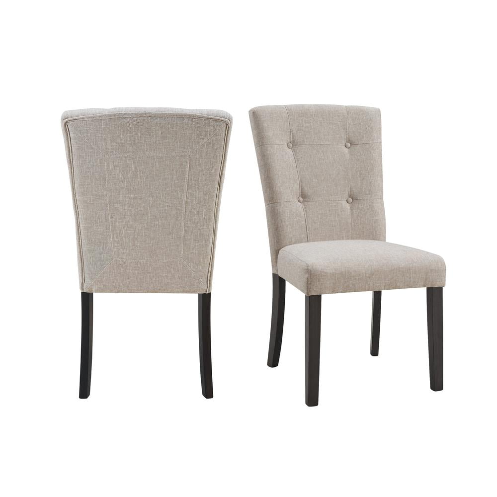 Beige Linen Upholstered Side Chair with Espresso Wood Legs
