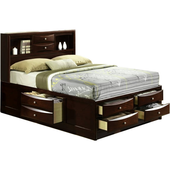 Picket House Furnishings Madison Queen Storage Bed with 4 Drawers and 2 Shelves, Rich Mahogany