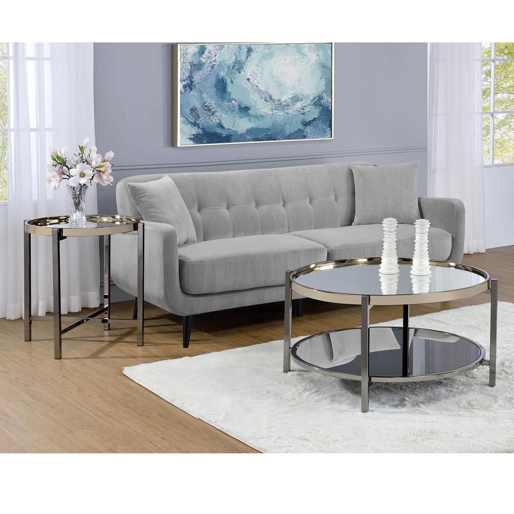 Gold and Black Round Mirrored End Table with Metal Legs