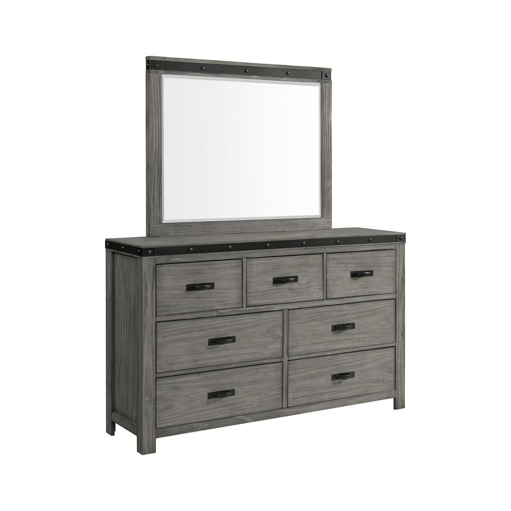 Gray Wood 7-Drawer Dresser with Black Metal Trim