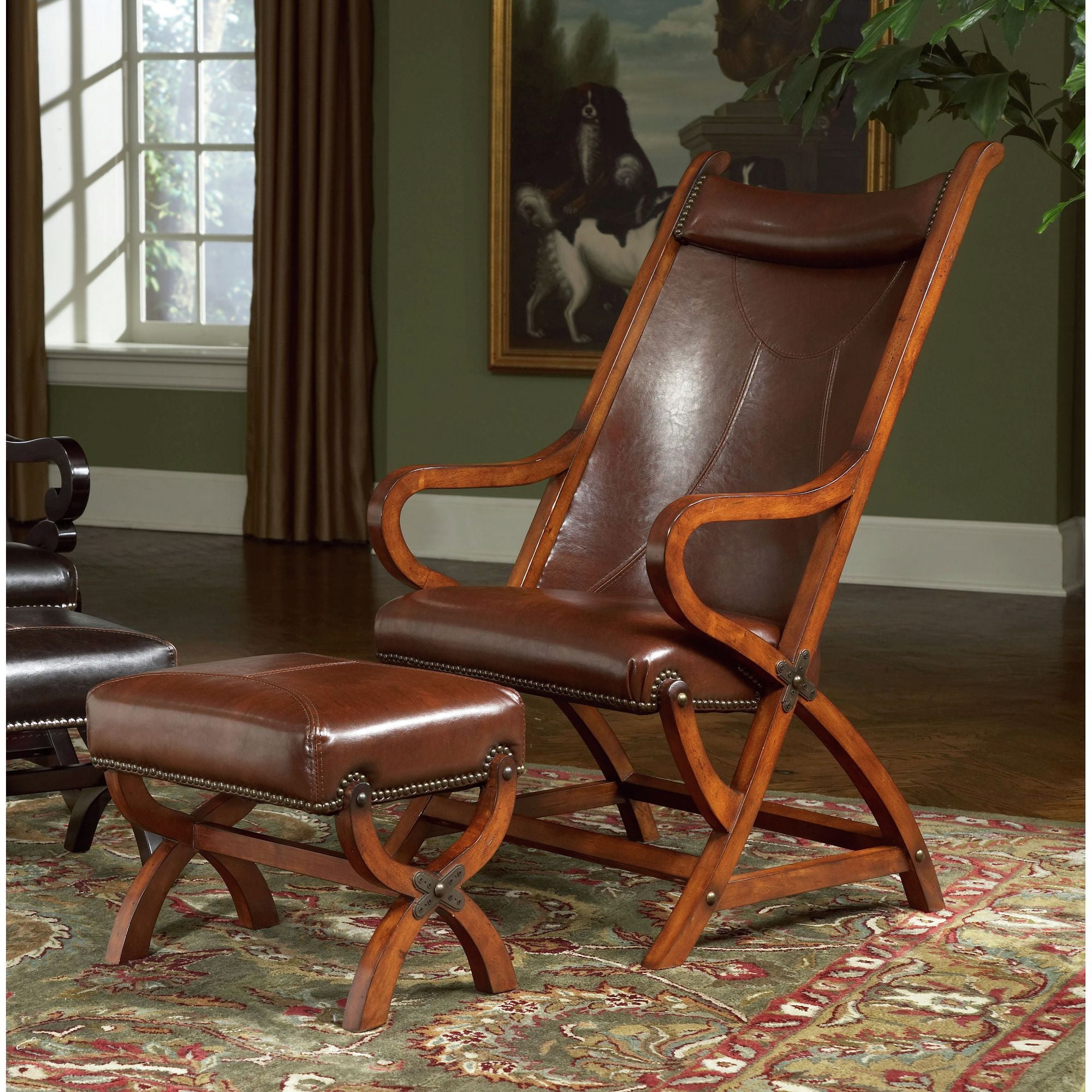 Tobacco Brown Leather and Wood Accent Chair with Ottoman
