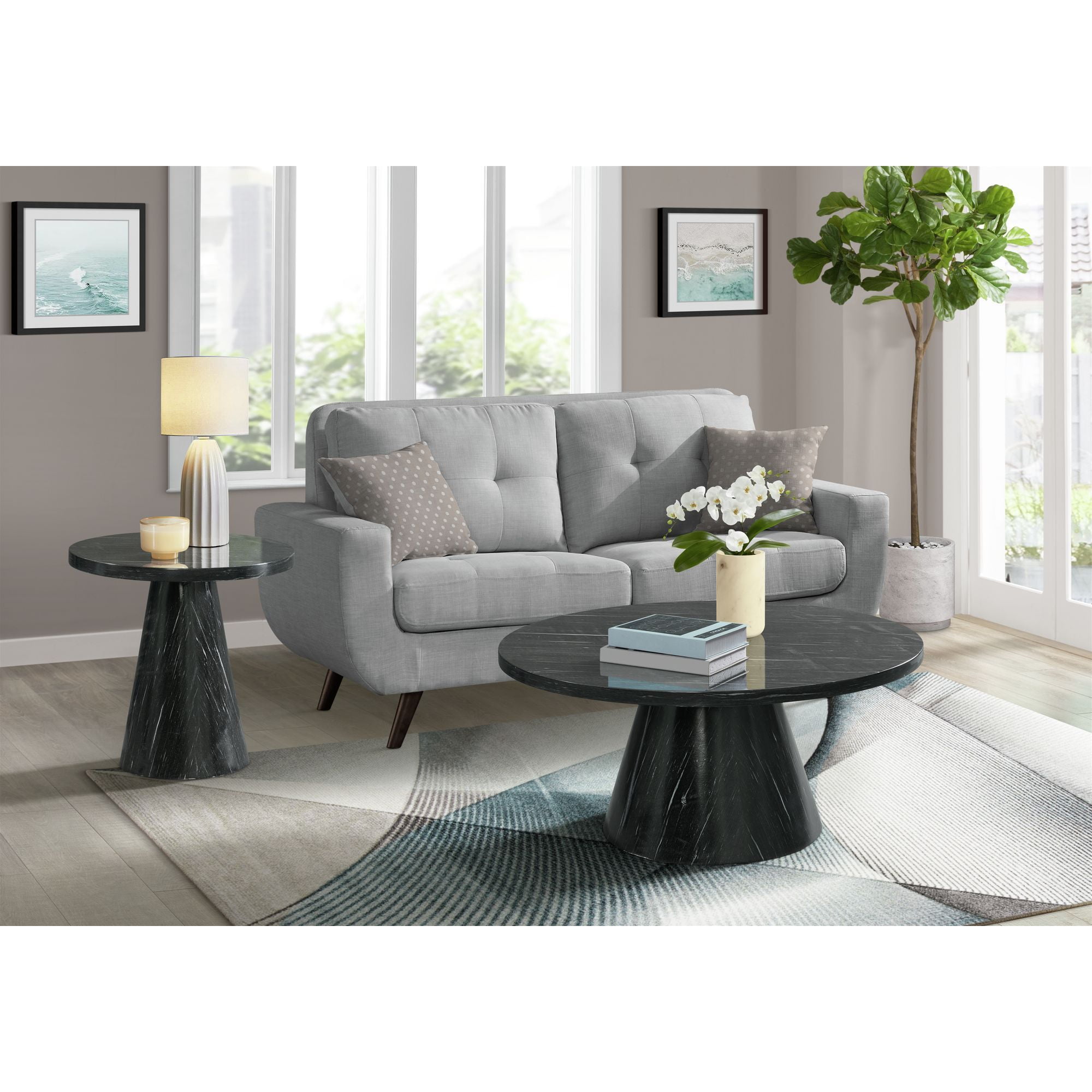 Odette Contemporary Round Marble Veneer Coffee Table in Gray