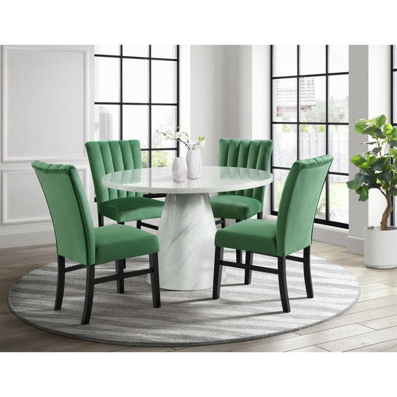 Picket House Furnishings Odette White 5PC Dining Set-Round Table&4 Green Chairs