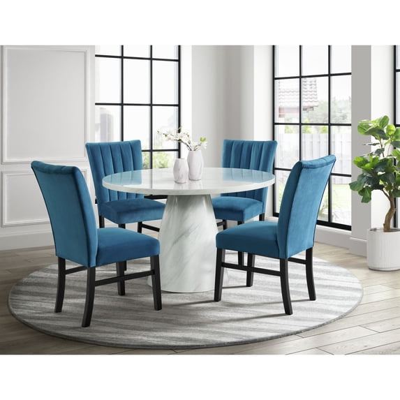 Picket House Furnishings Odette White 5PC Dining Set-Round Table&4 Navy Chairs