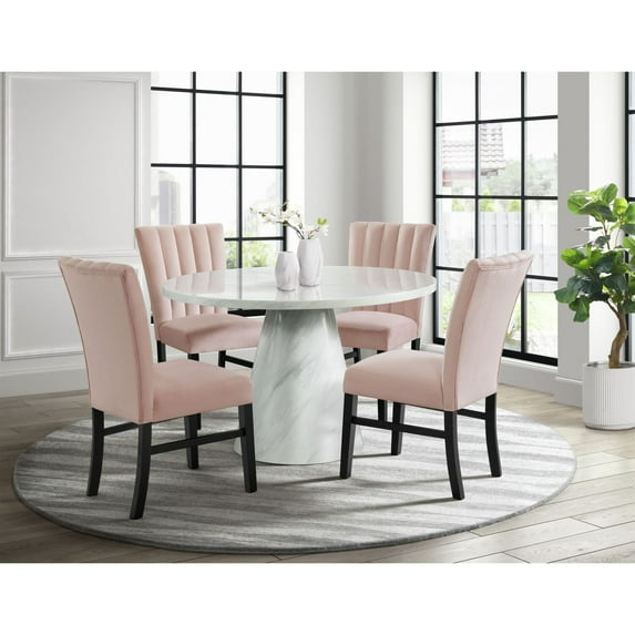 Picket House Furnishings Odette White 5PC Dining Set-Round Table&4 Pink Chairs