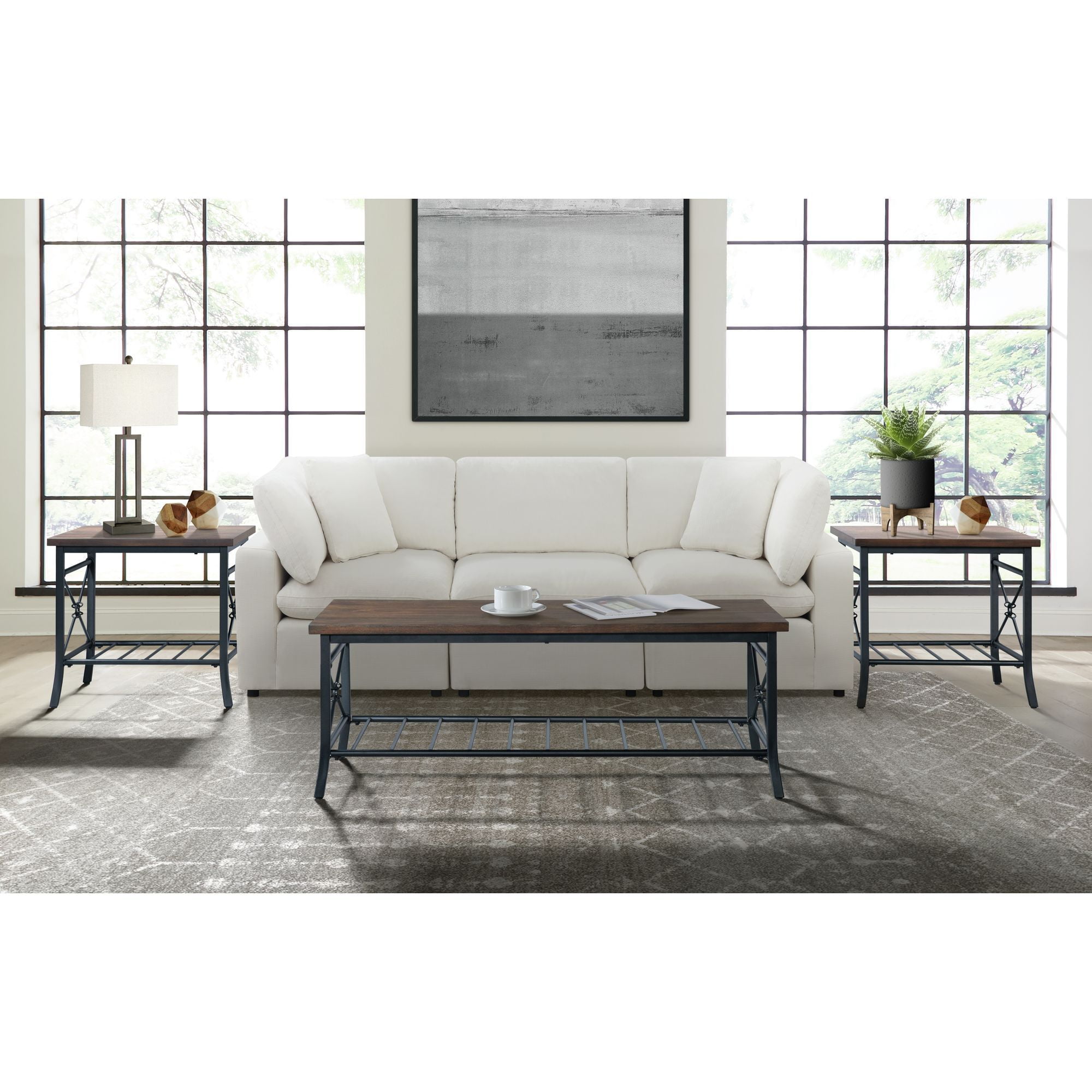 Percy Industrial Black and Brown 3-Piece Rectangular Occasional Table Set