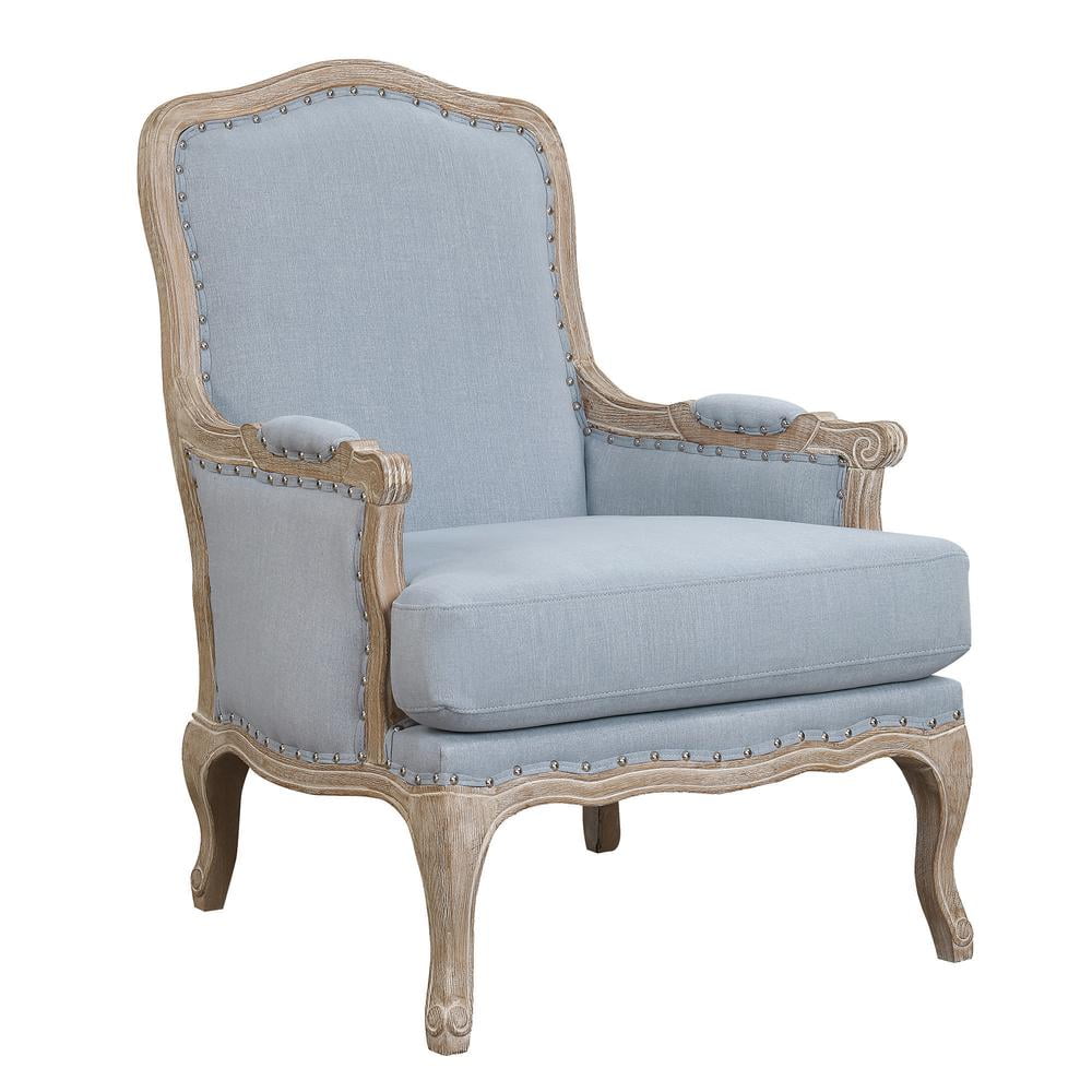 Light Blue Traditional Upholstered Accent Chair with Distressed Wood Base