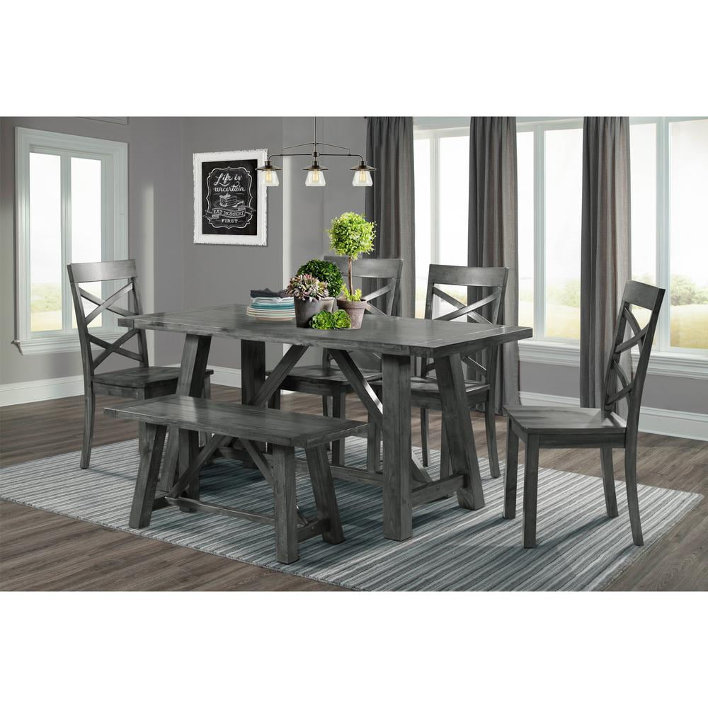 Rustic Farmhouse 6PC Gray Dining Set with Cross-Back Chairs