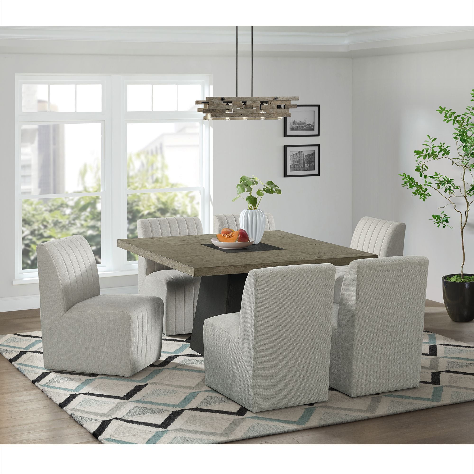 Rizzo Black Pedestal Dining Set with Beige Upholstered Chairs