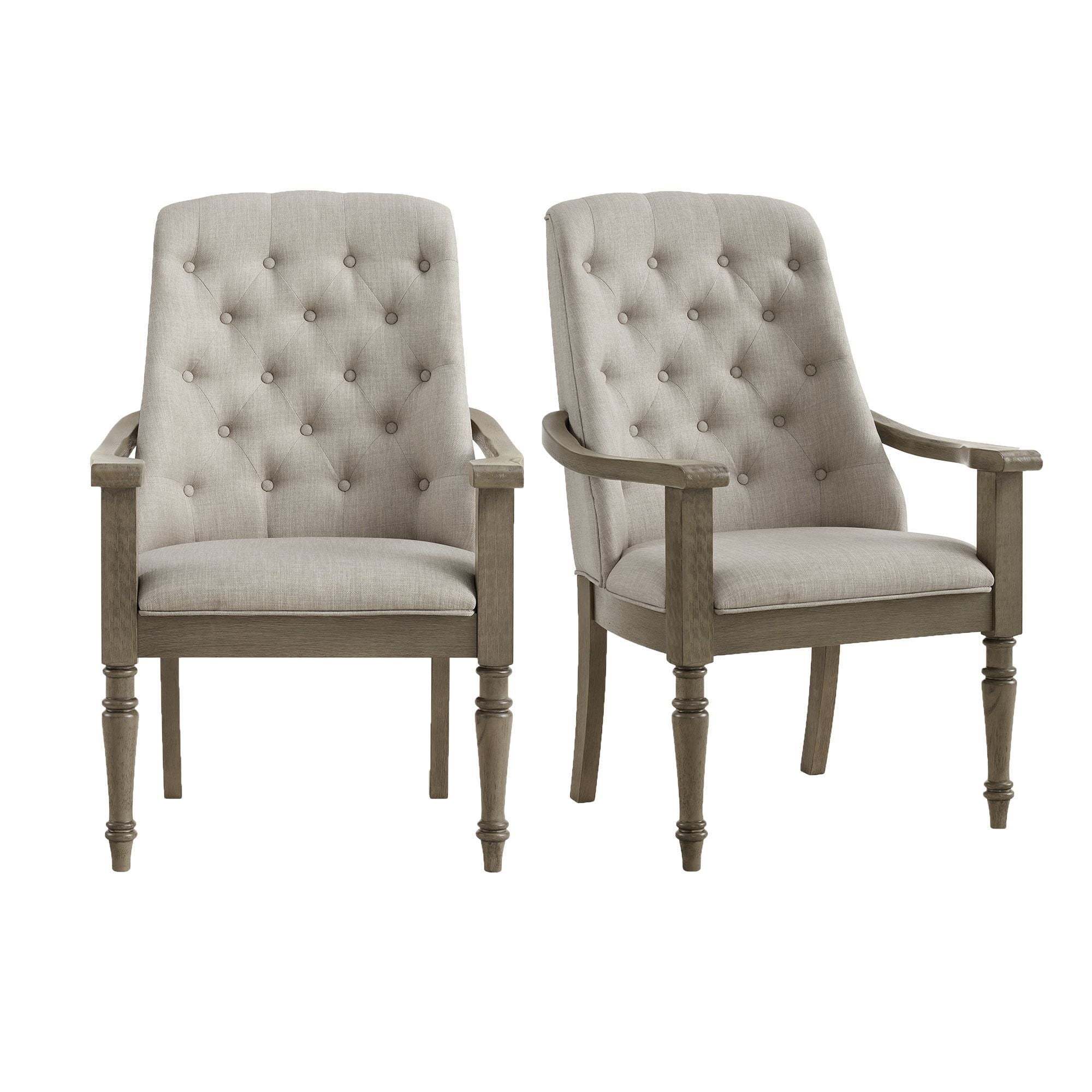 Gray Upholstered Wood Dining Arm Chair with Button Tufting