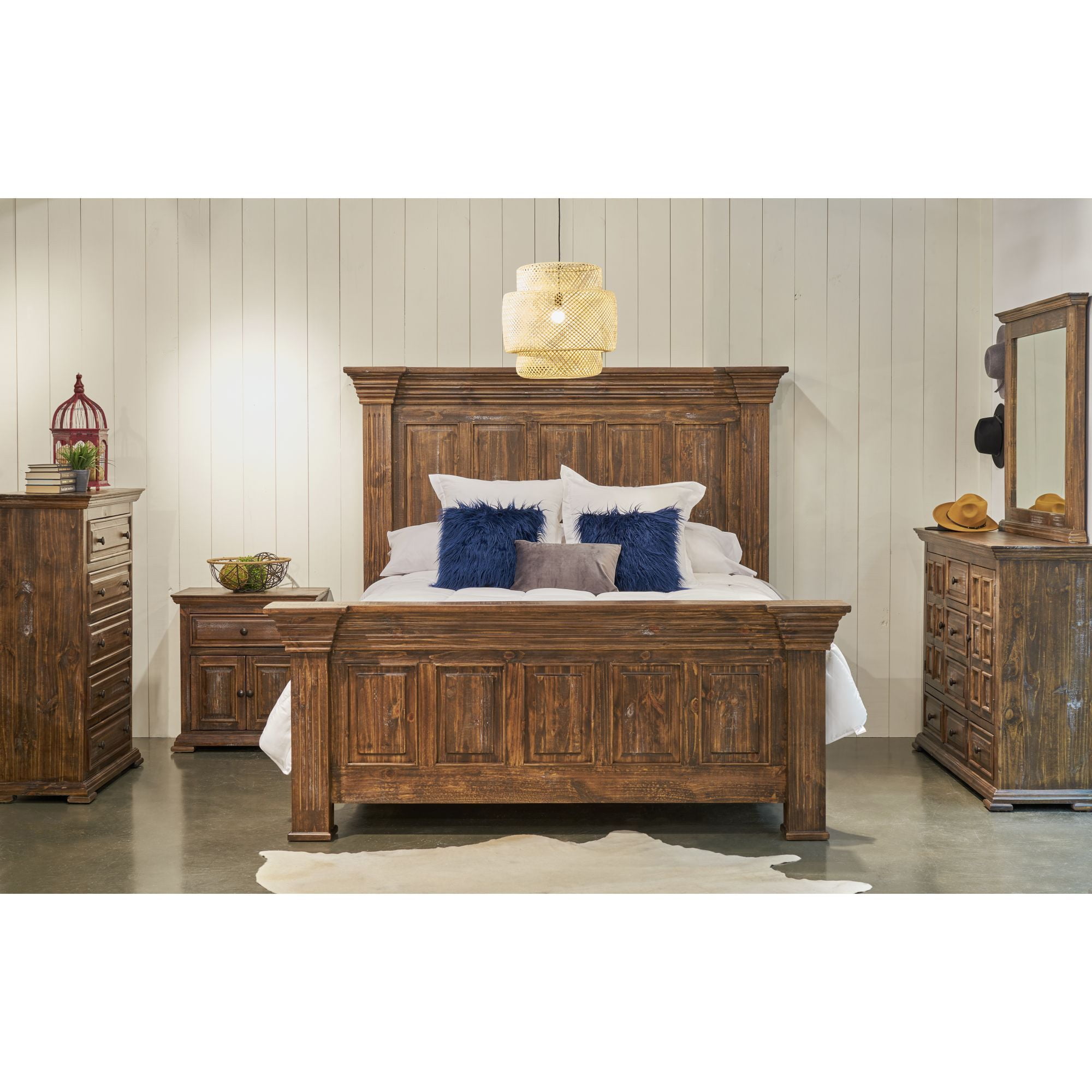 Rustic Brown Pine Wood Queen Bed with Headboard