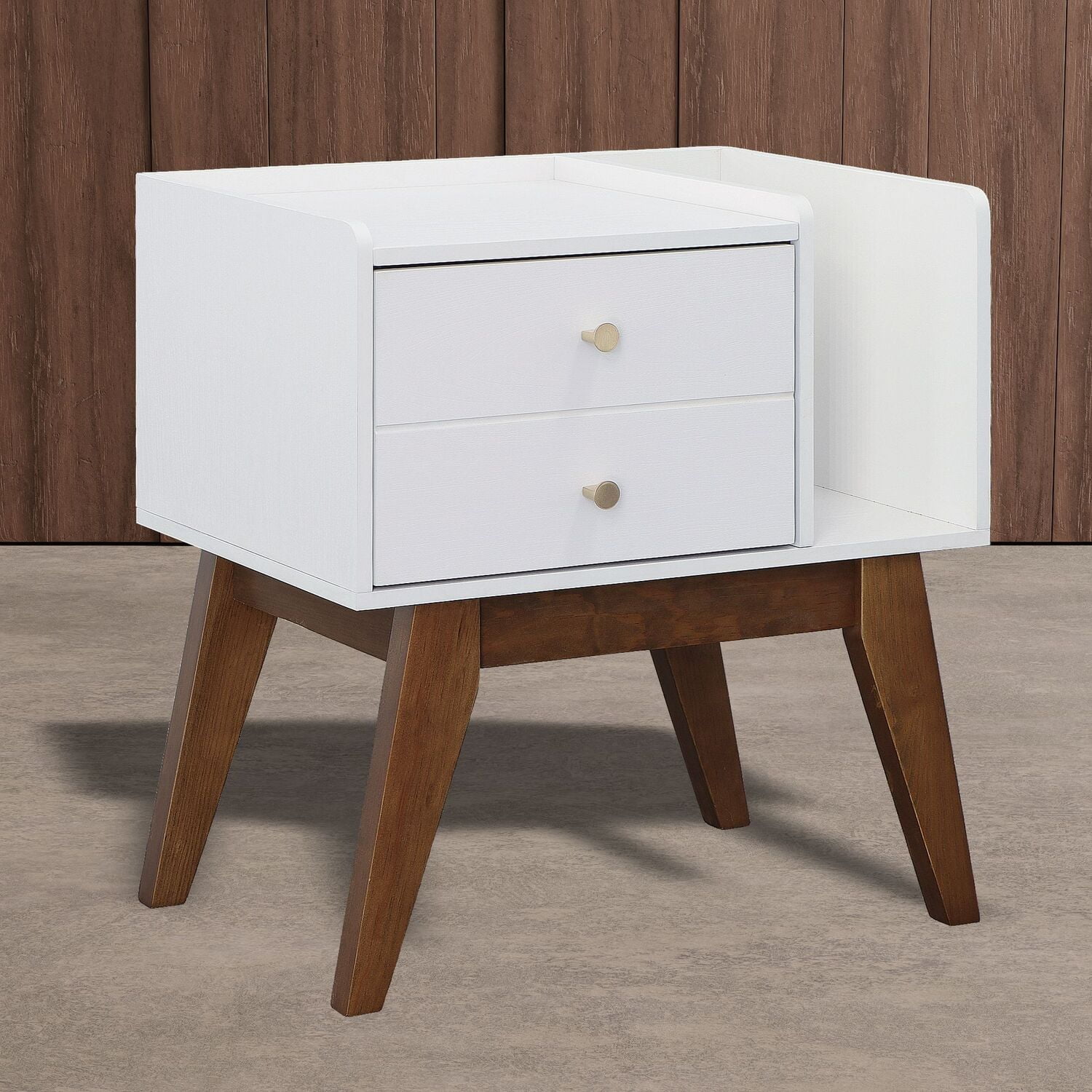 White and Walnut 1-Drawer Contemporary Nightstand