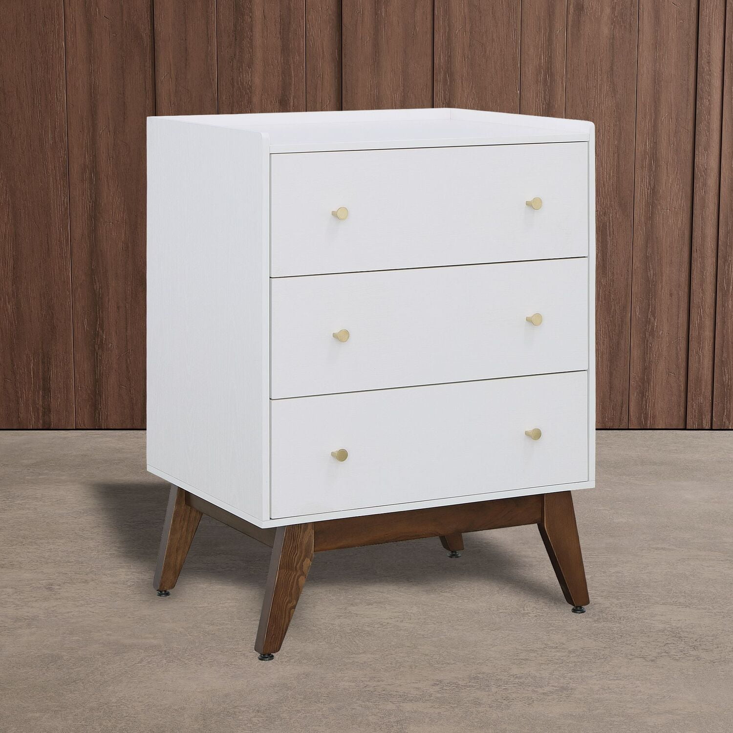 White 3-Drawer Chest with Walnut Tapered Legs