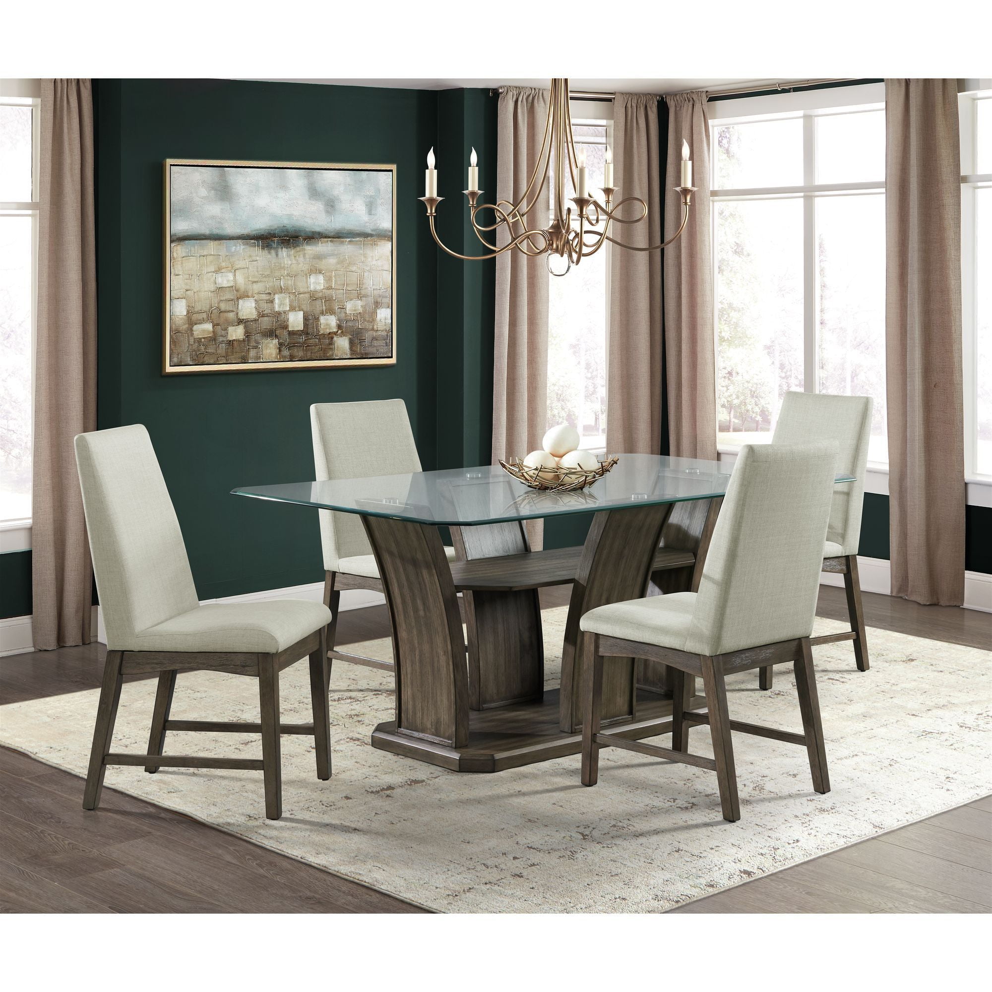 Chic Walnut Finish 5PC Dining Set with Cream Upholstered Chairs