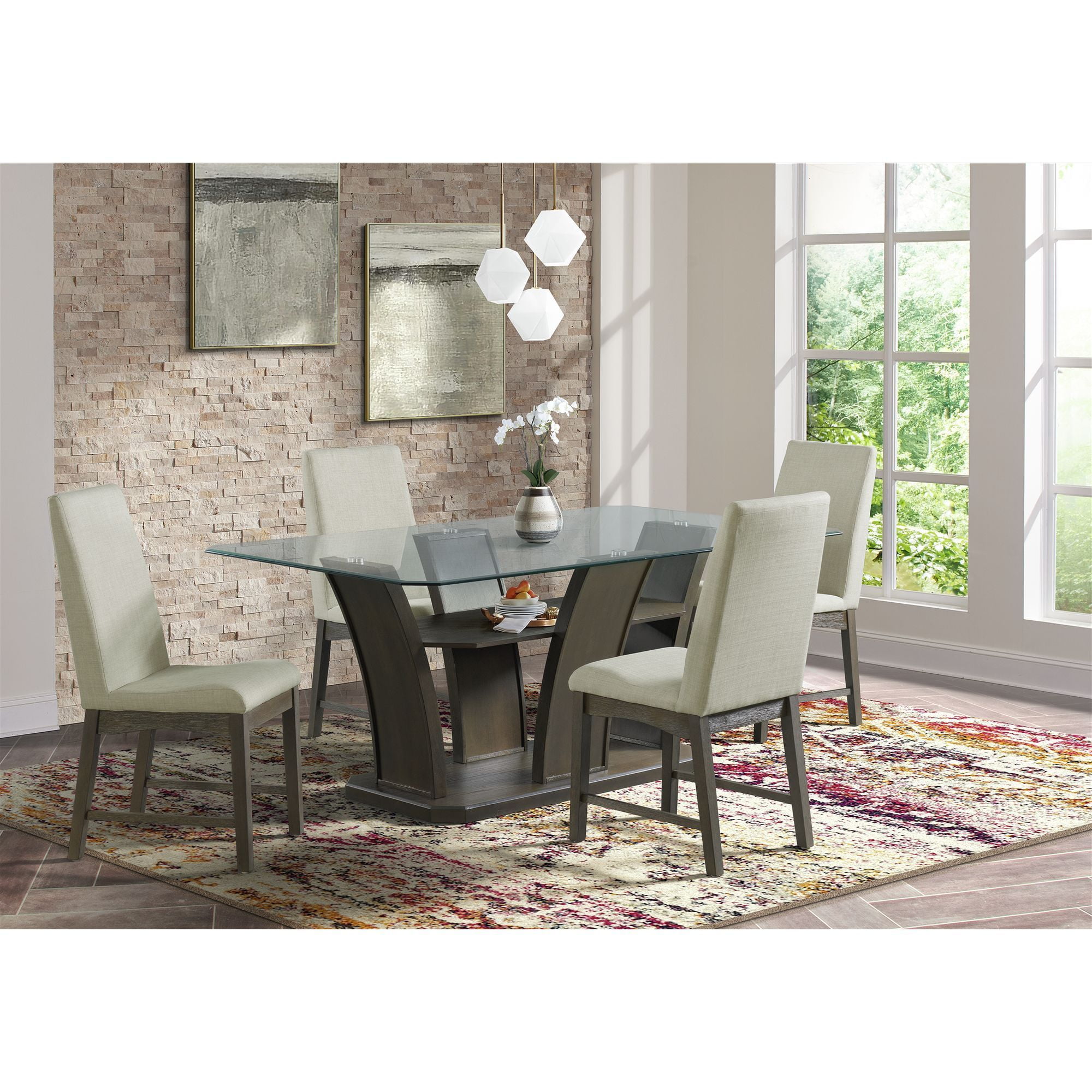 Transitional Walnut Finish Rectangular Dining Table with Glass Top