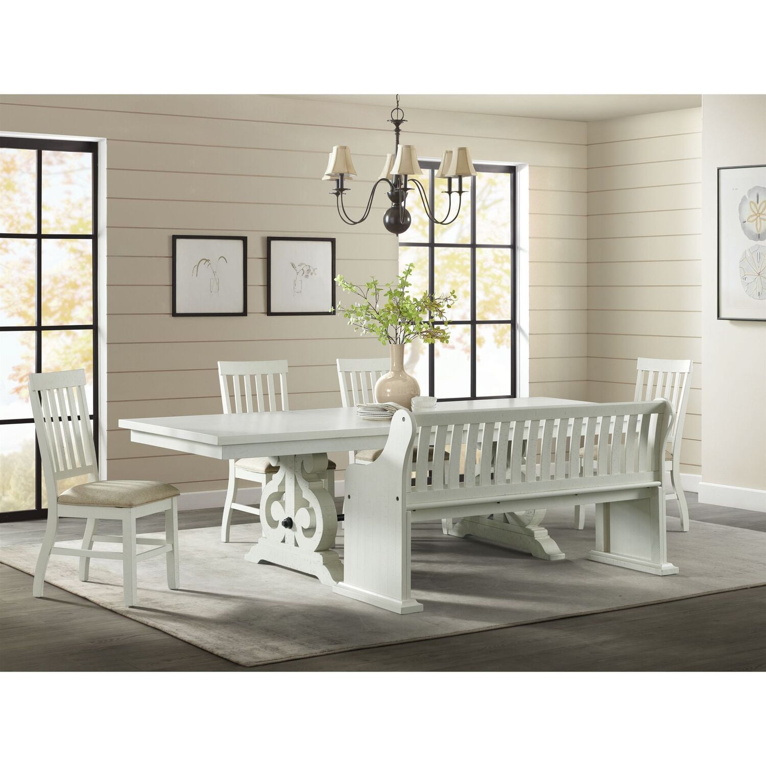 White Wood 6-Piece Dining Set with Bench and Upholstered Seats