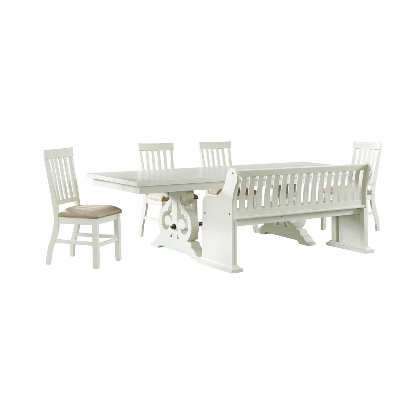 White Wood 6-Piece Dining Set with Bench and Upholstered Seats