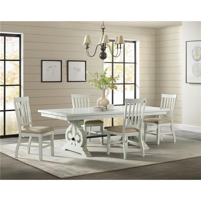White Distressed Wood Extendable Dining Table with Scroll Trestle