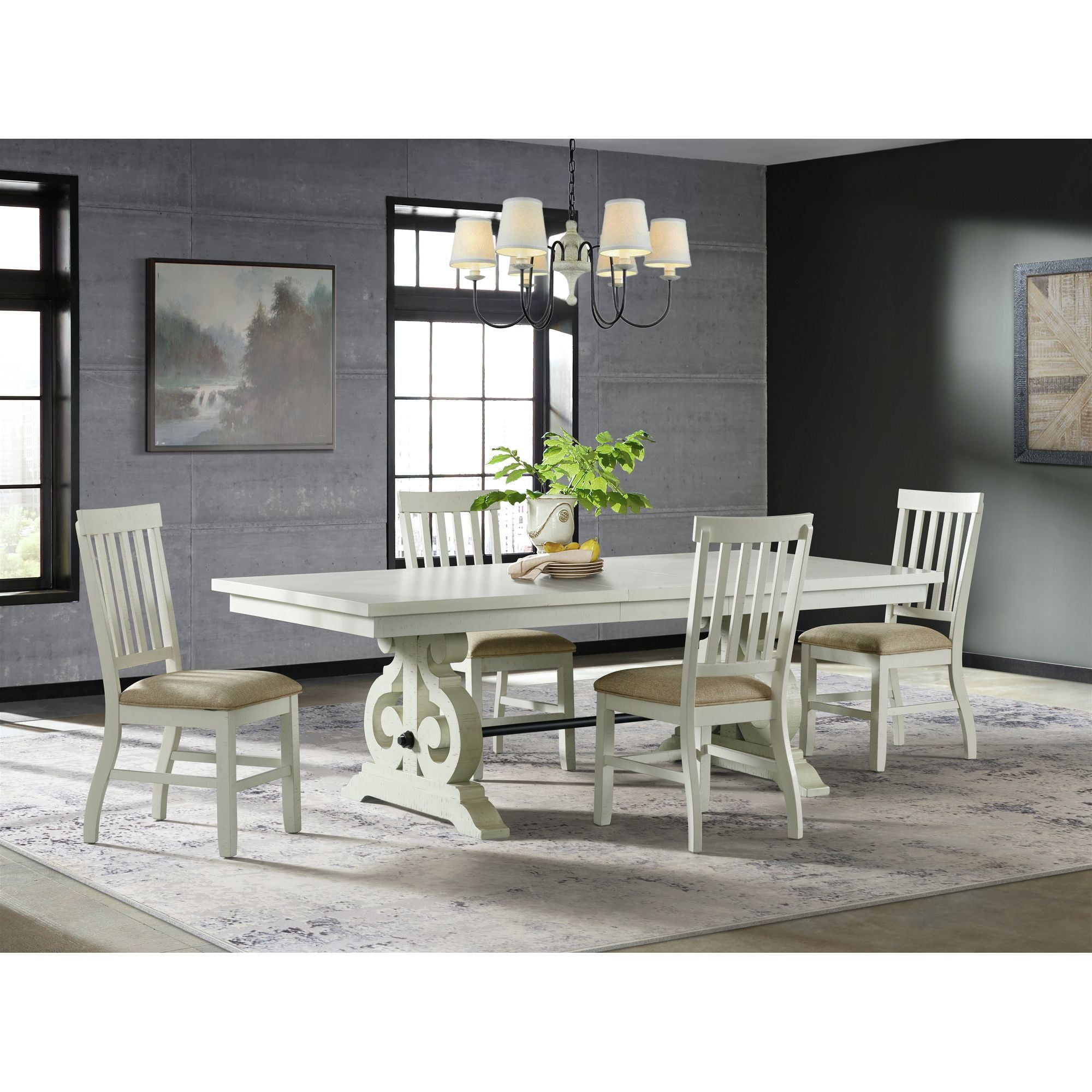 White Distressed Wood Extendable Dining Table with Scroll Trestle