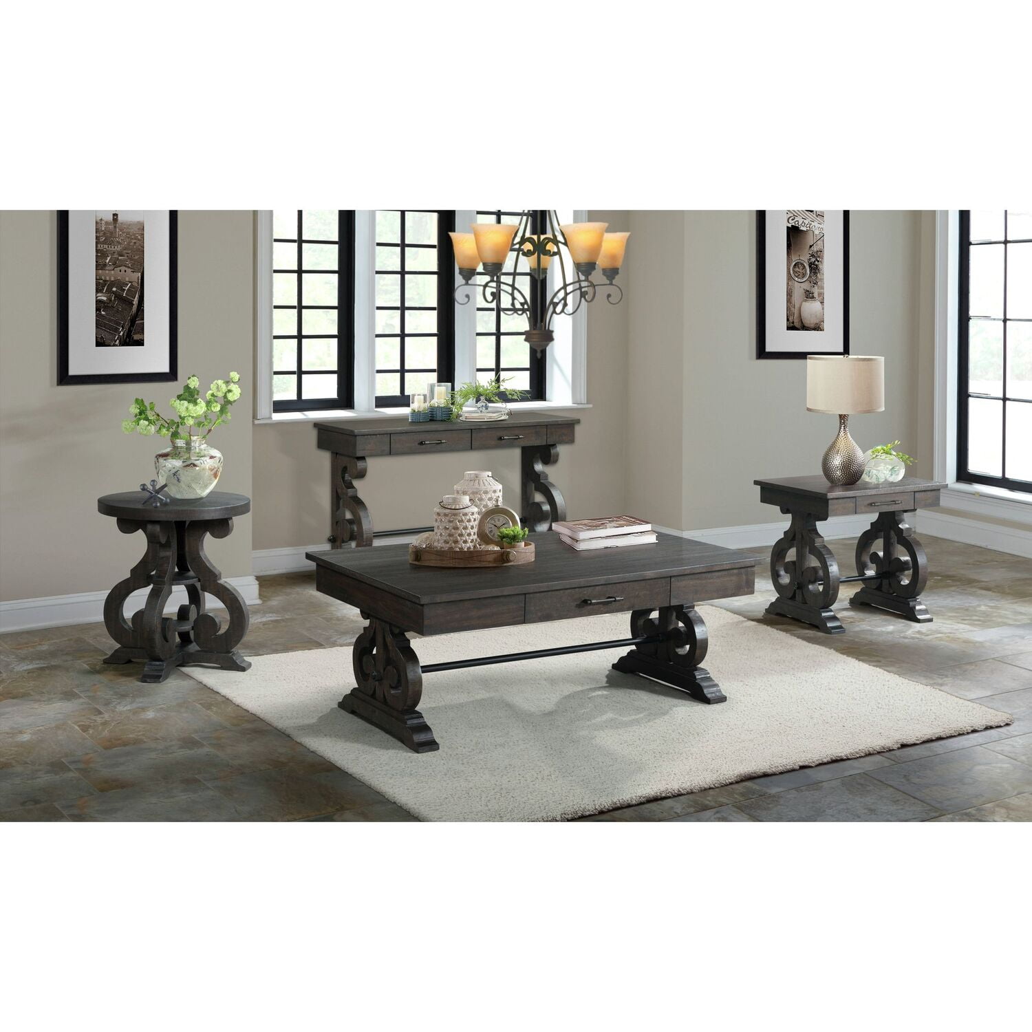 Gray Rectangular Wood and Stone Sofa Table with Storage