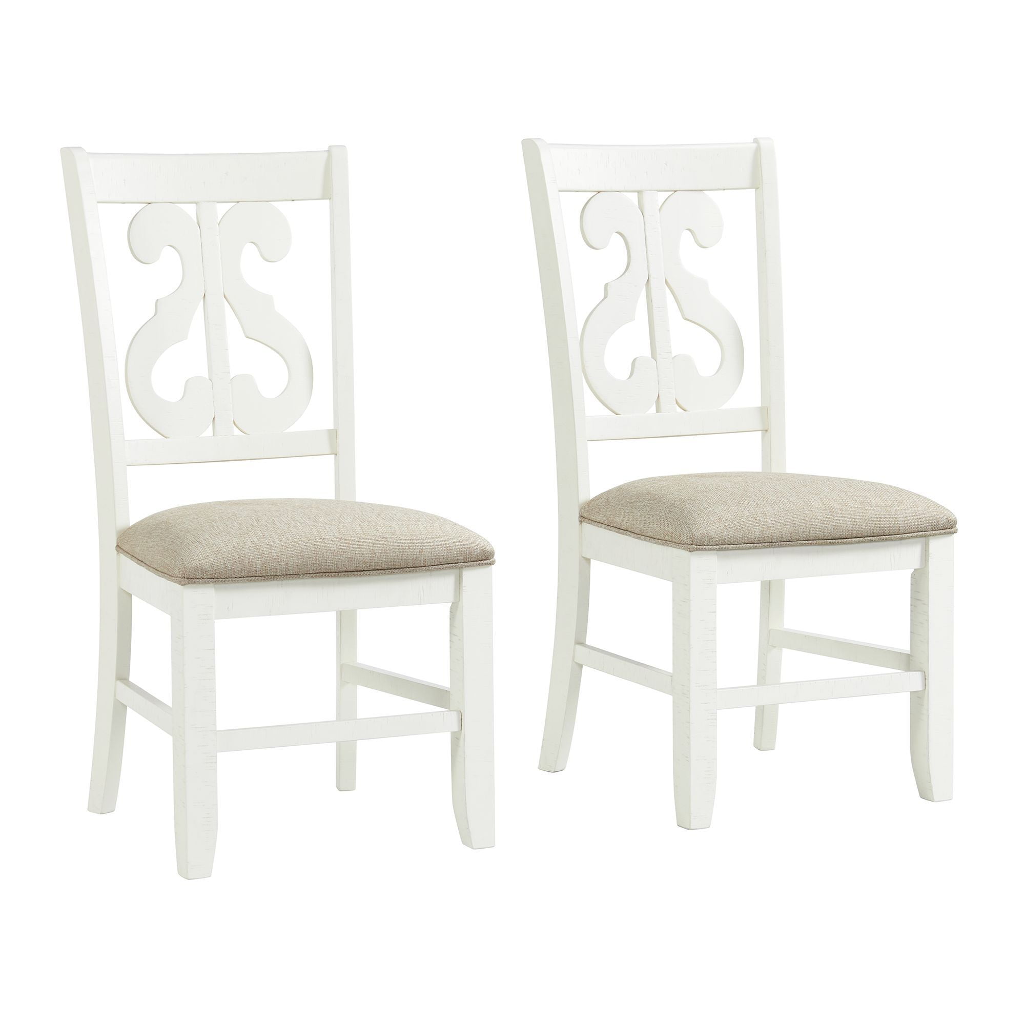 Elegant White Wooden Side Chair with Swirl Back Design and Upholstered Seat