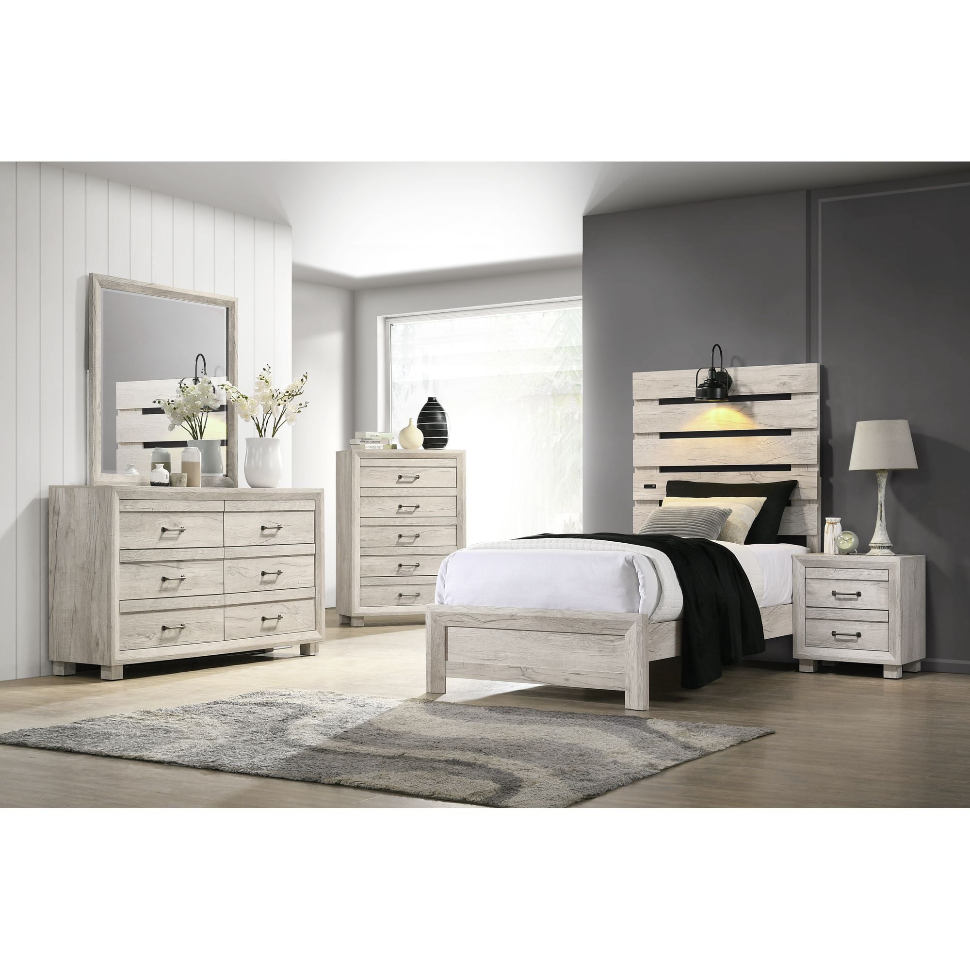 White Twin Bed with Lighted Slat Headboard and USB