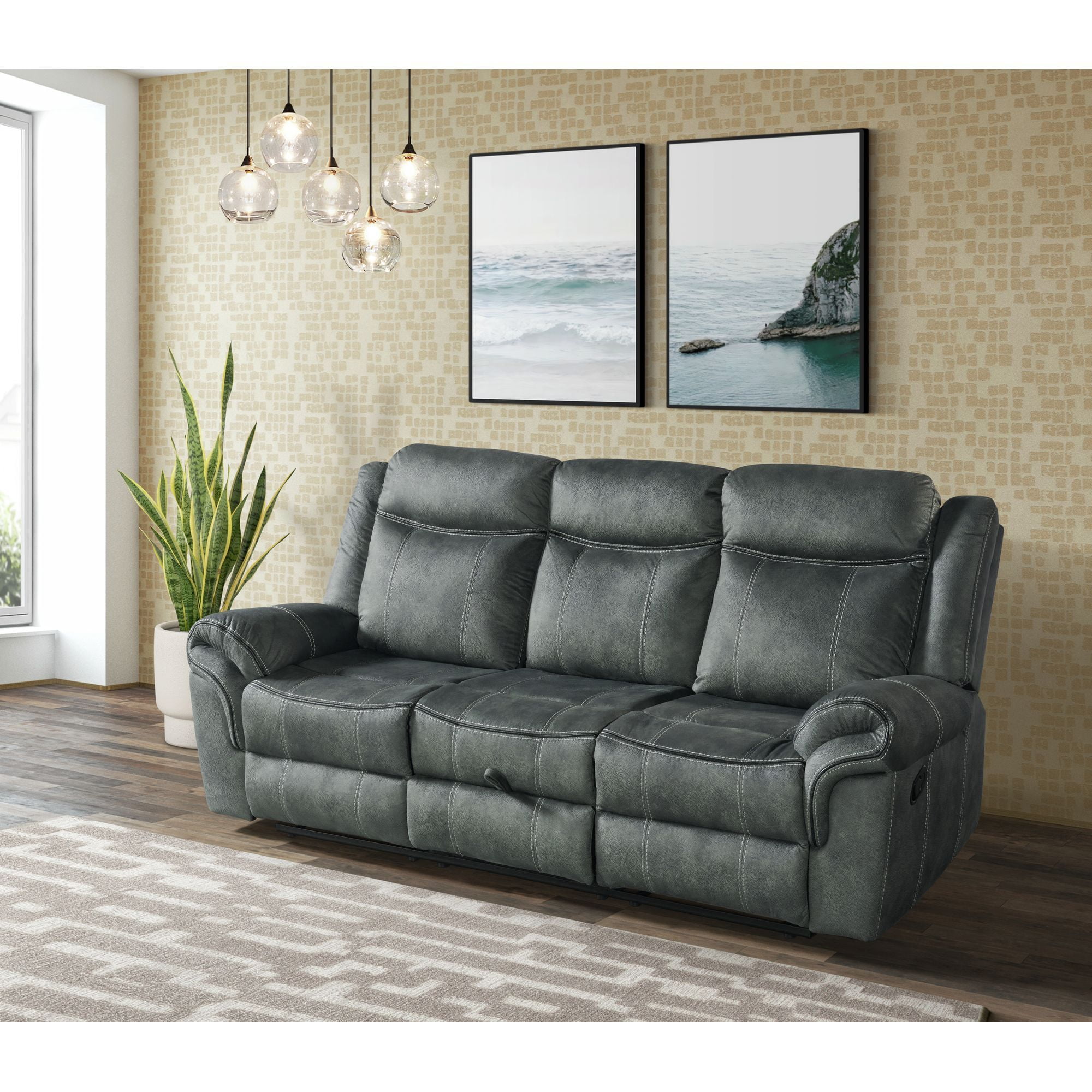 Gray Faux-Leather Reclining Sofa with Cup Holders and Storage