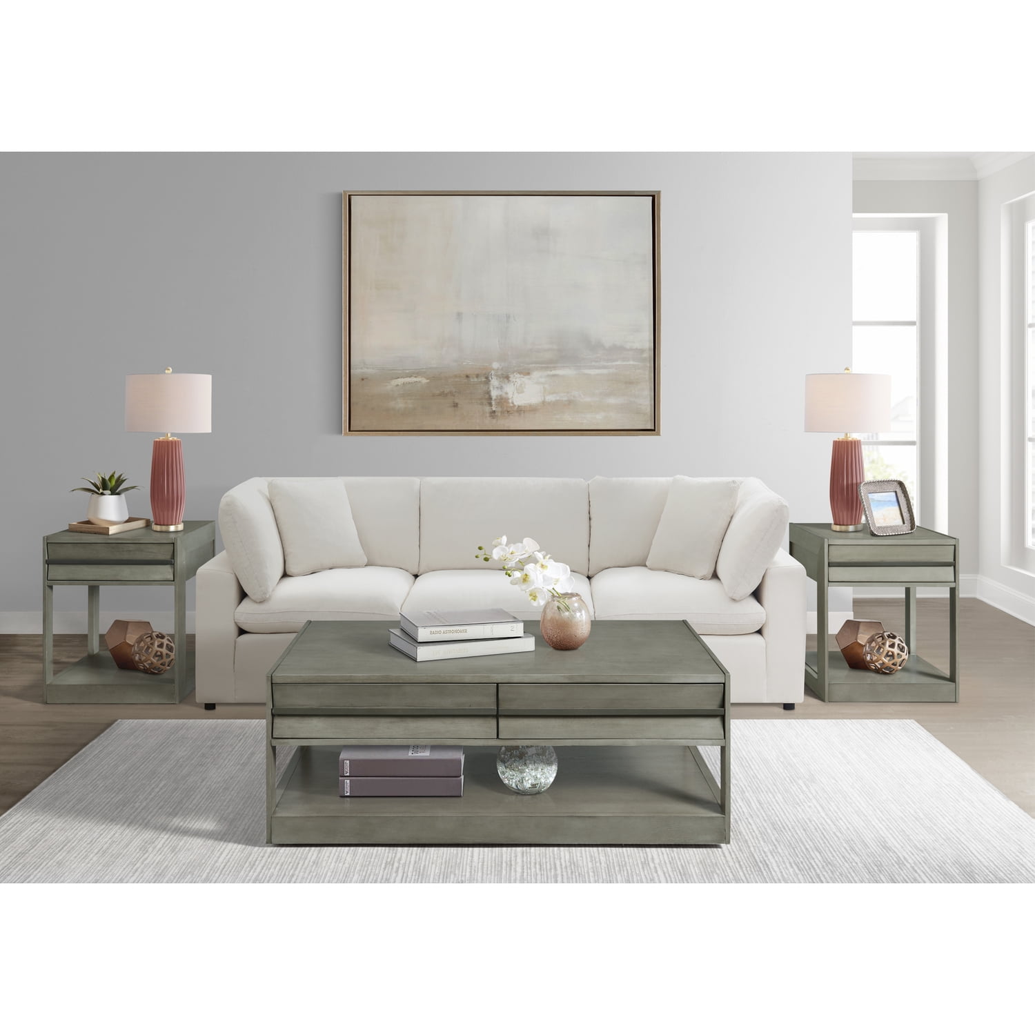 Gray Acacia Wood Rectangular End Table with Shelf