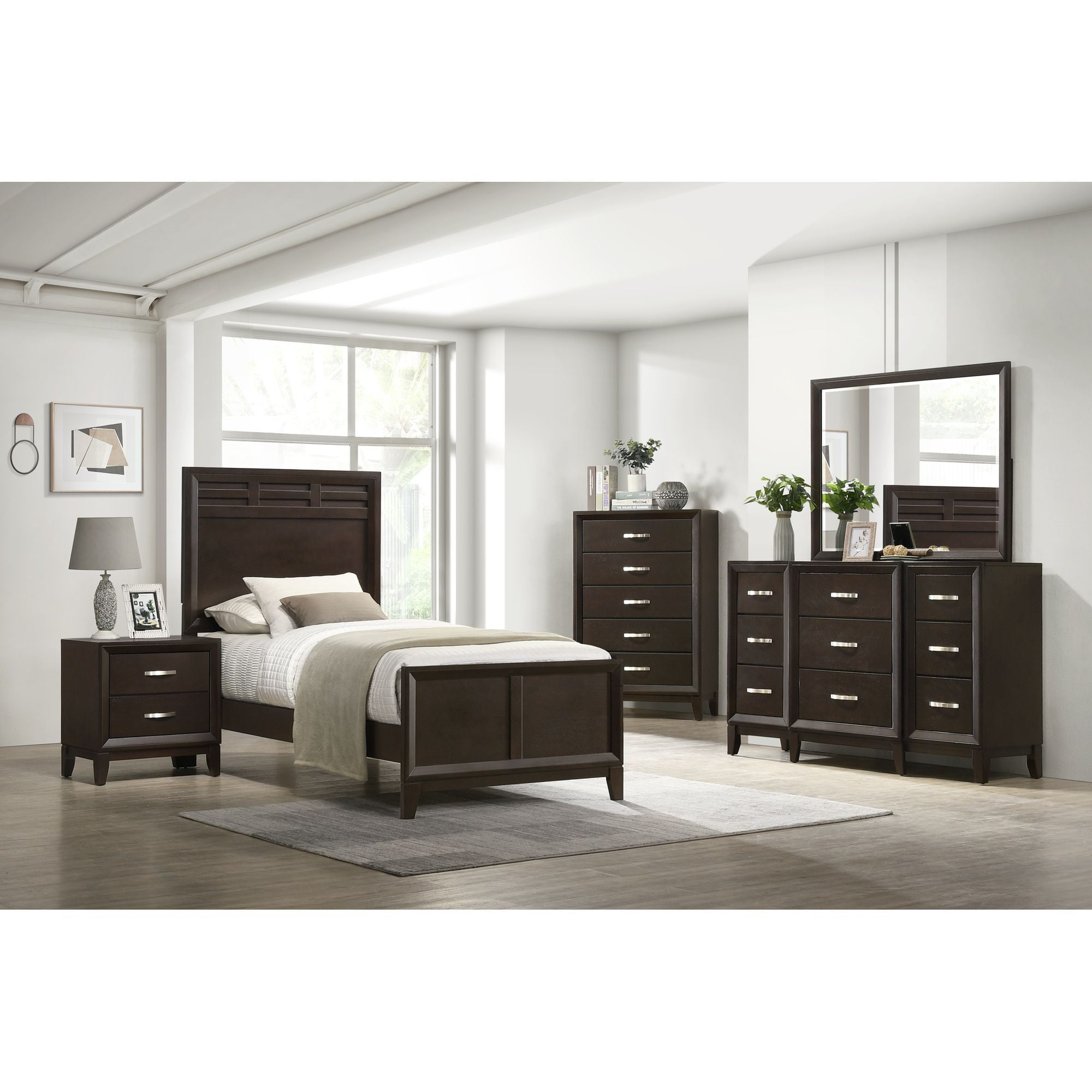 Merlot Twin Wood Bed with High Headboard and Drawers