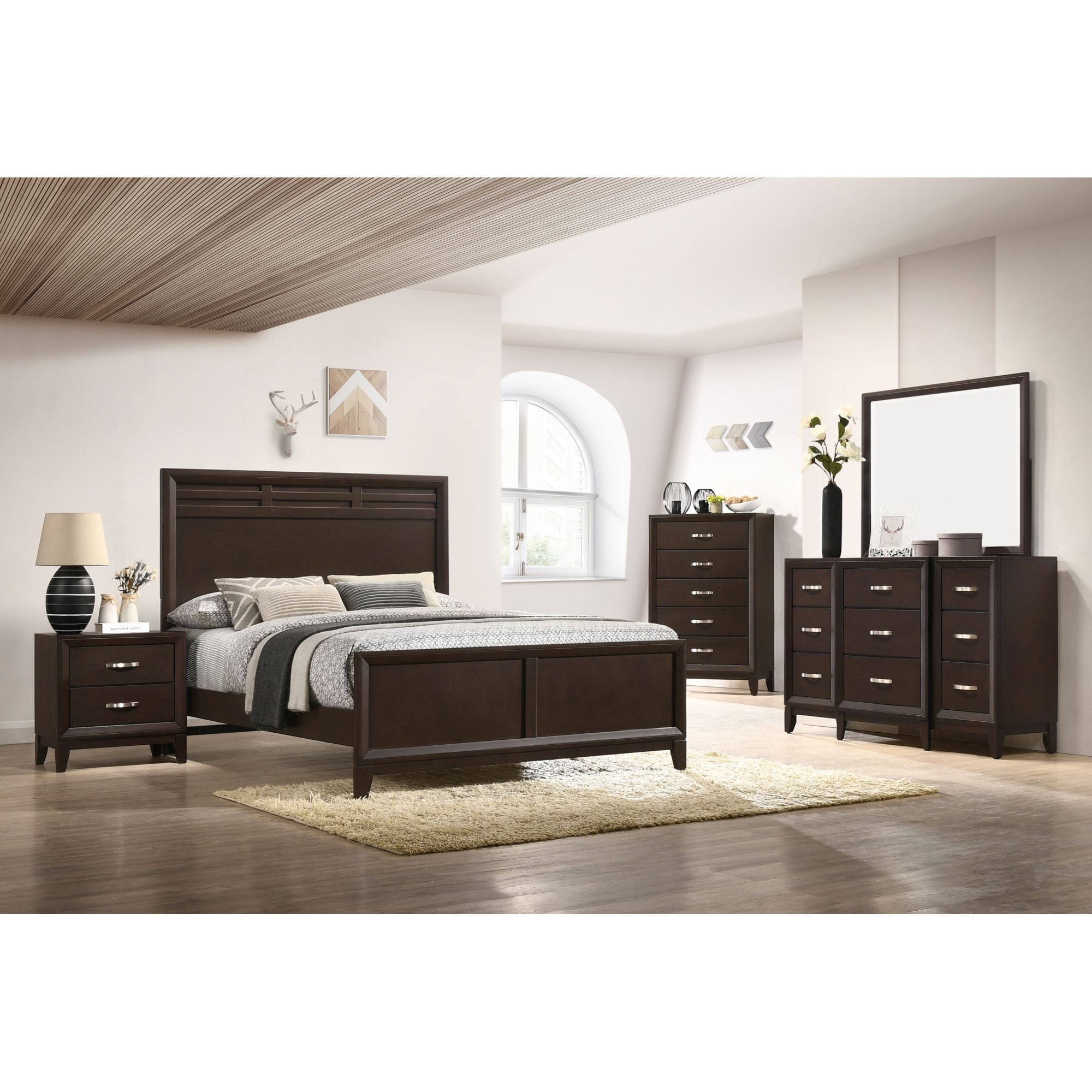 Merlot King Panel Bed with High Wood Headboard and Drawers