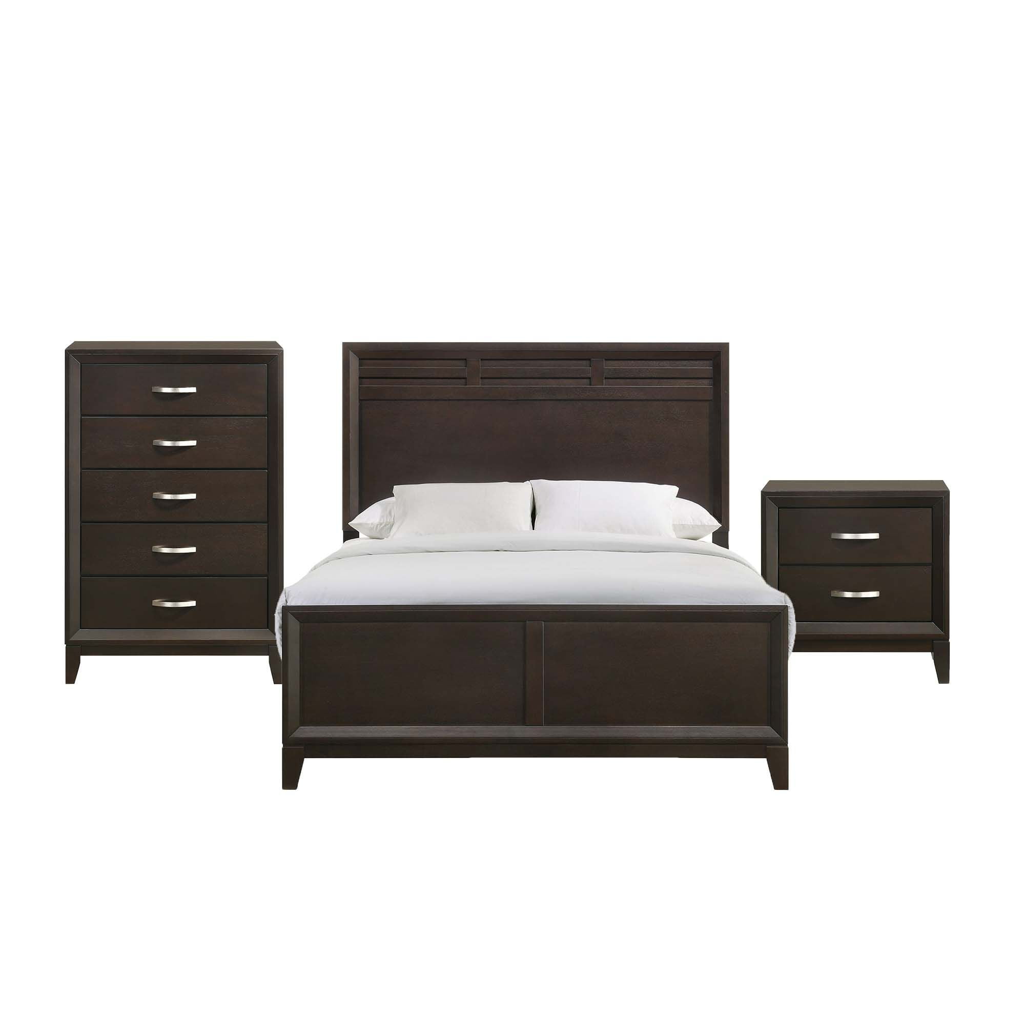 Full Dark Brown Wood Bedroom Set with Chest and Nightstand