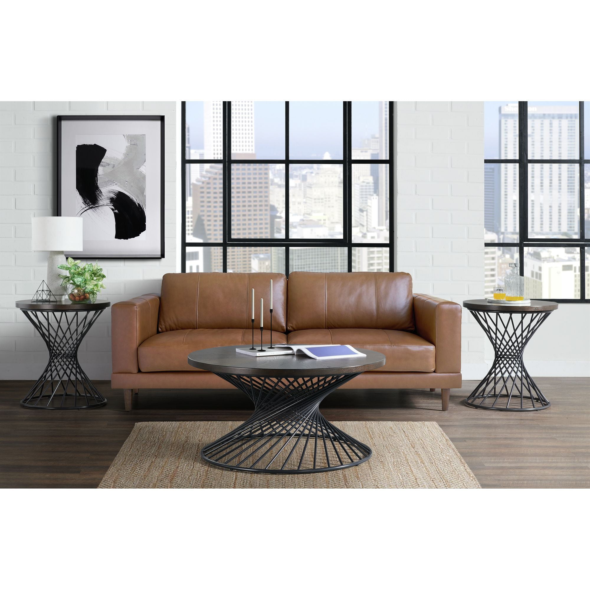 Walnut and Black Round Industrial Metal Wood End Table