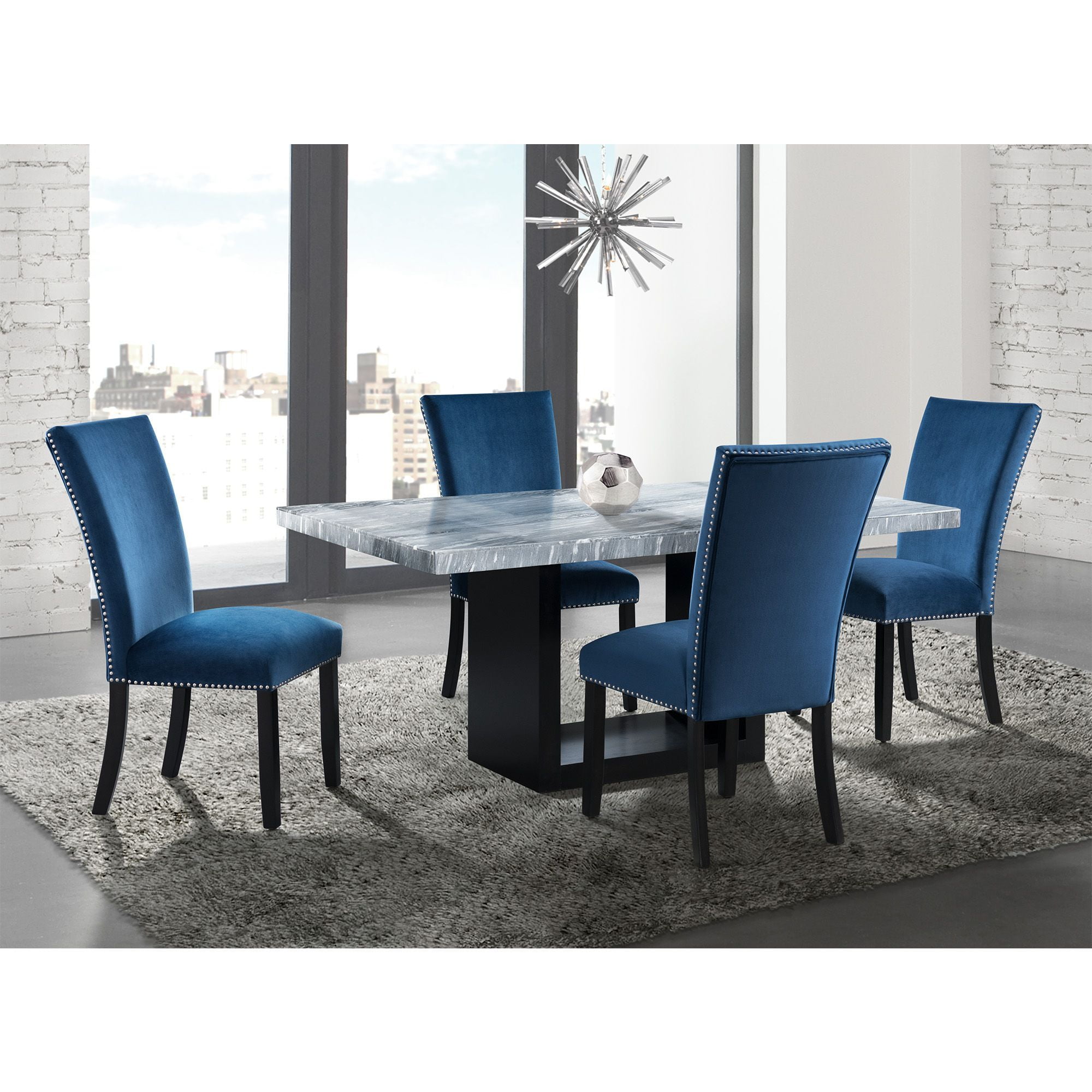 Gray Marble Rectangular Dining Table with Black Base