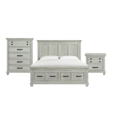 Picket House Furnishings Windom King Storage 3PC Bedroom Set in Antique White