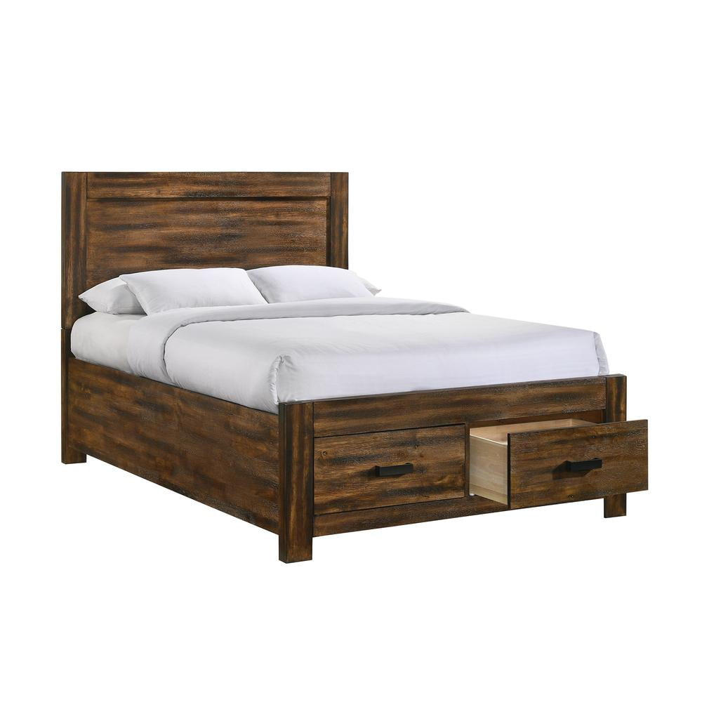 Brown Queen Rustic Wood Platform Storage Bed with Drawers
