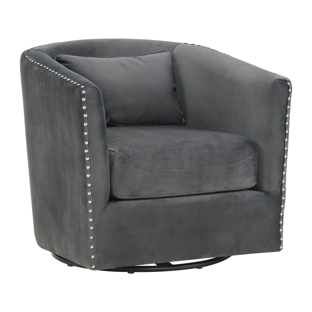 Gray Velvet Barrel Swivel Chair with Chrome Nail Head Trim