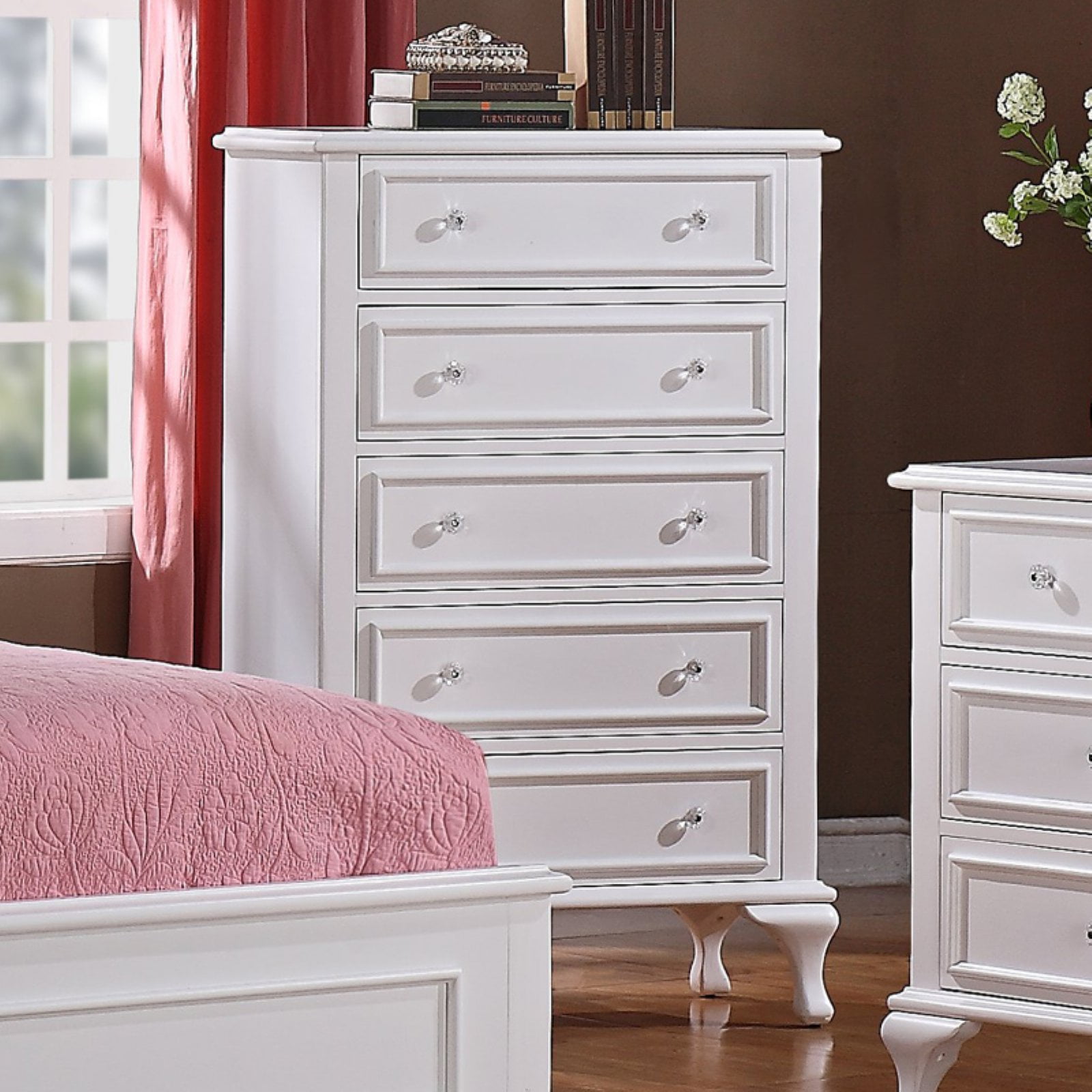 White 5-Drawer Chest with Crystal Knobs and Felt Lined Drawer