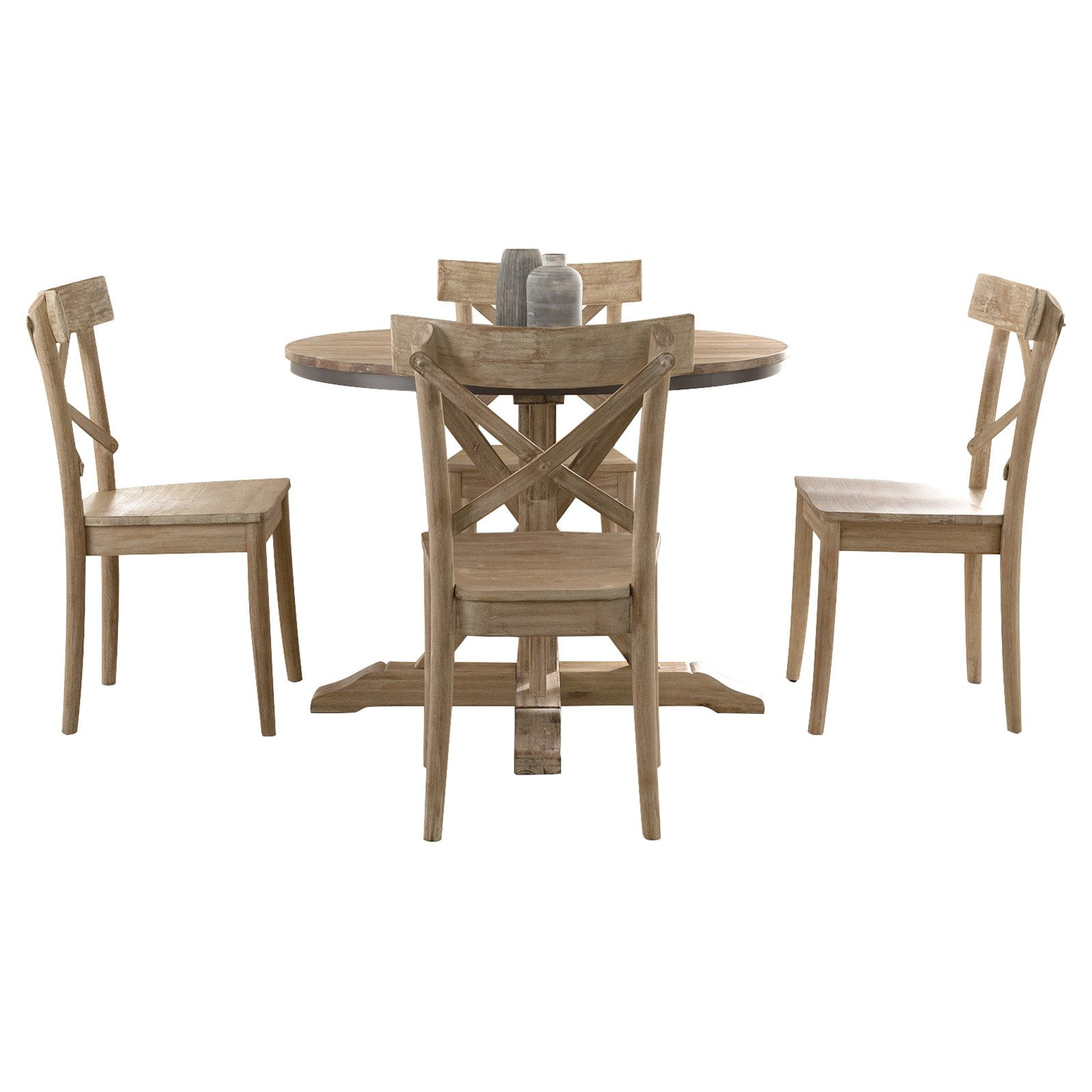 Keaton Rustic Natural Wood Round Dining Table Set with 4 Chairs
