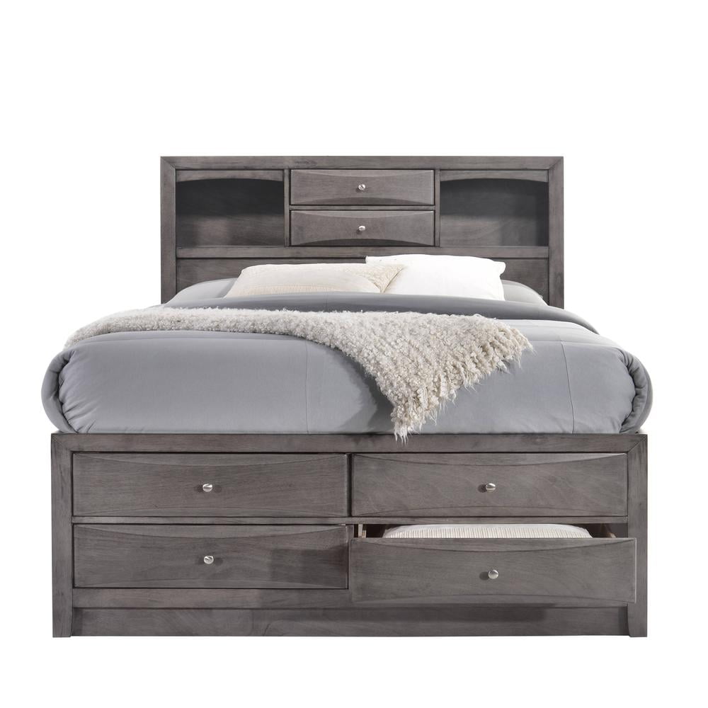 Gray Transitional Queen Bookcase Bed with Ample Storage