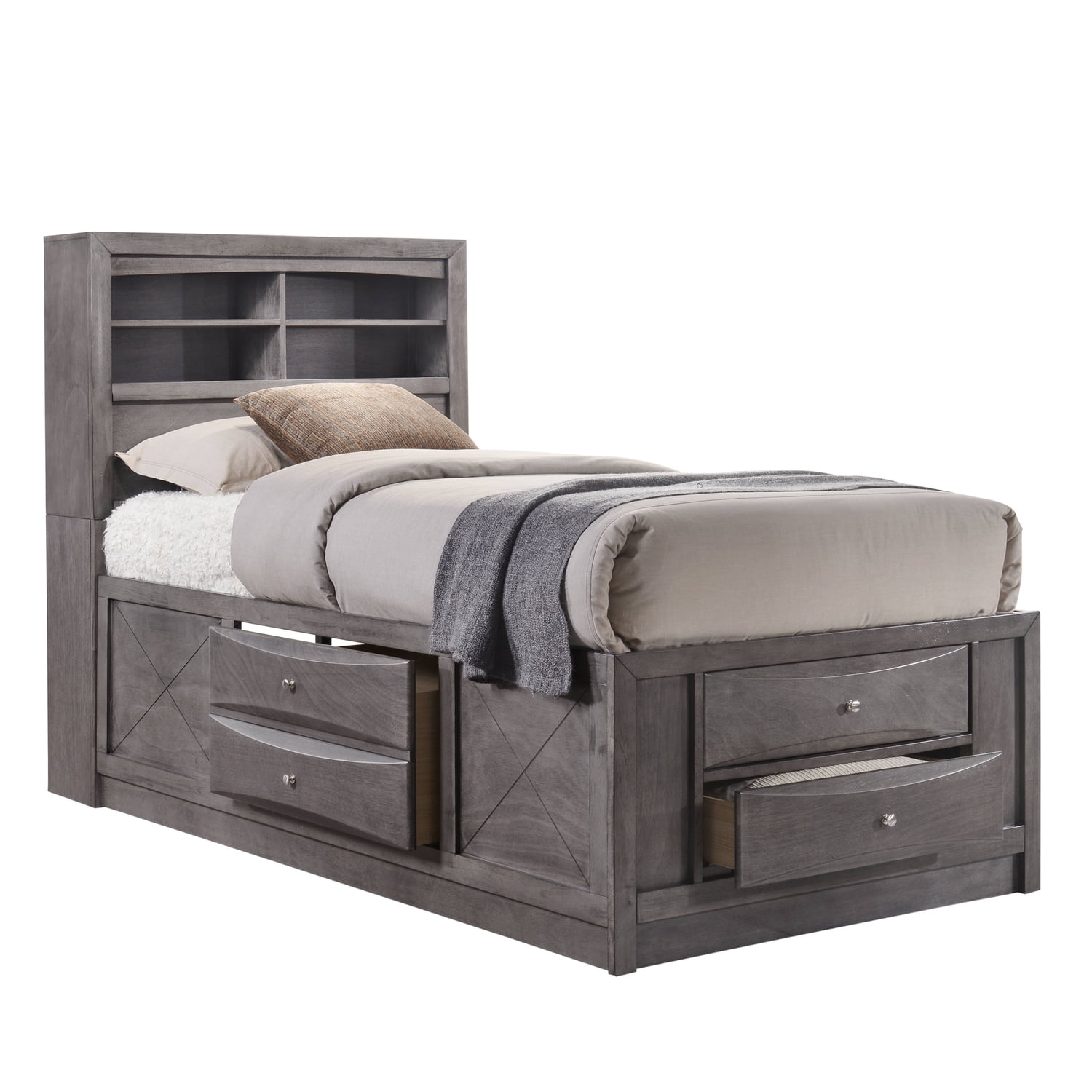Transitional Twin Gray Upholstered Bookcase Bed with Storage