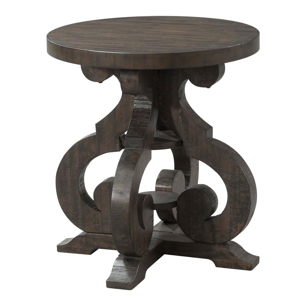 Traditional 22" Round Brown Wood & Stone End Table with Storage