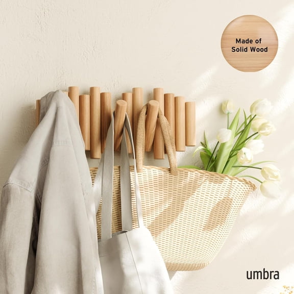 Picket Wall-Mounted Coat Rack Rail Hook with 5 Retractable Wood Pegs – Modern, Space-Saving Storage Organizer, Natural