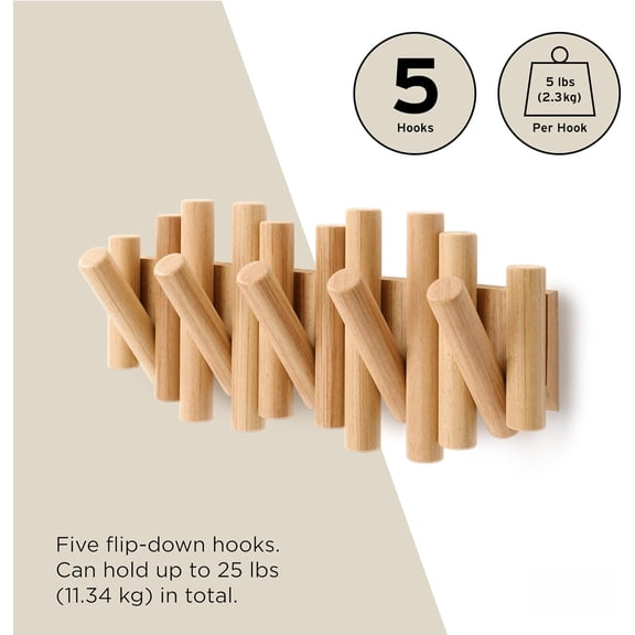 Picket Wall-Mounted Coat Rack Rail Hook with 5 Retractable Wood Pegs – Modern, Space-Saving Storage Organizer, Natural